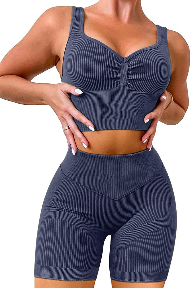 OLCHEE Women's 2-Piece Workout Set - Seamless Ribbed Acid Wash Yoga Shorts & Sports Bra Matching Gym Outfit | Perfect for Yoga, Pilates, Running & Gym Training