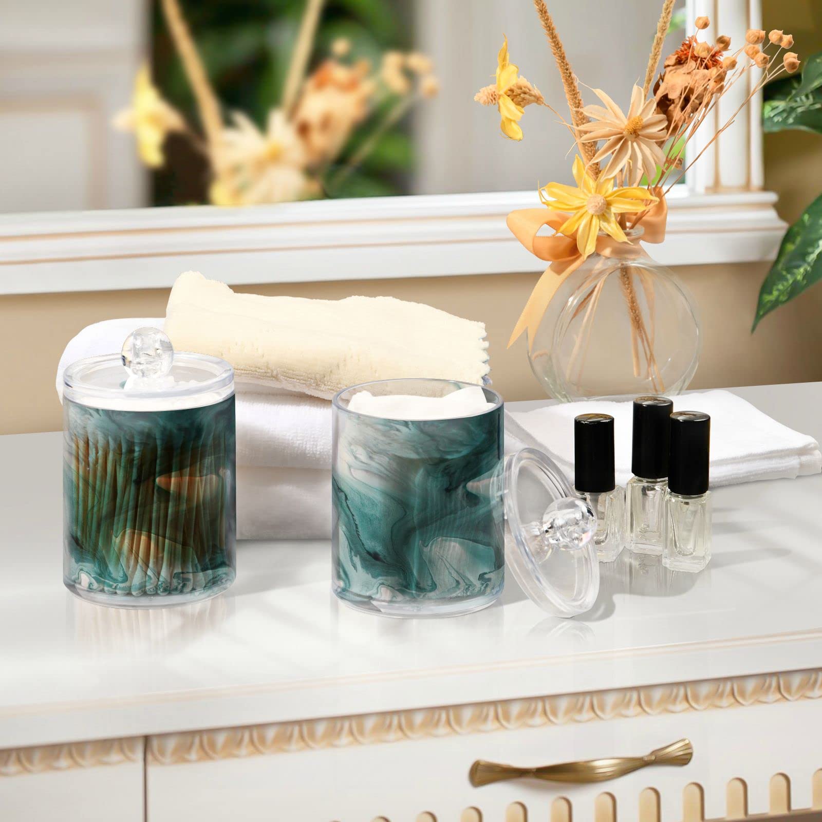 4 Pack Turquoise Marble Q-Tip Holder Organizer - Bathroom Vanity Storage Canister & Dispenser for Cotton Swabs, Pads, Floss - Perfect for Countertop, Medicine Cabinet, and Spa Decor