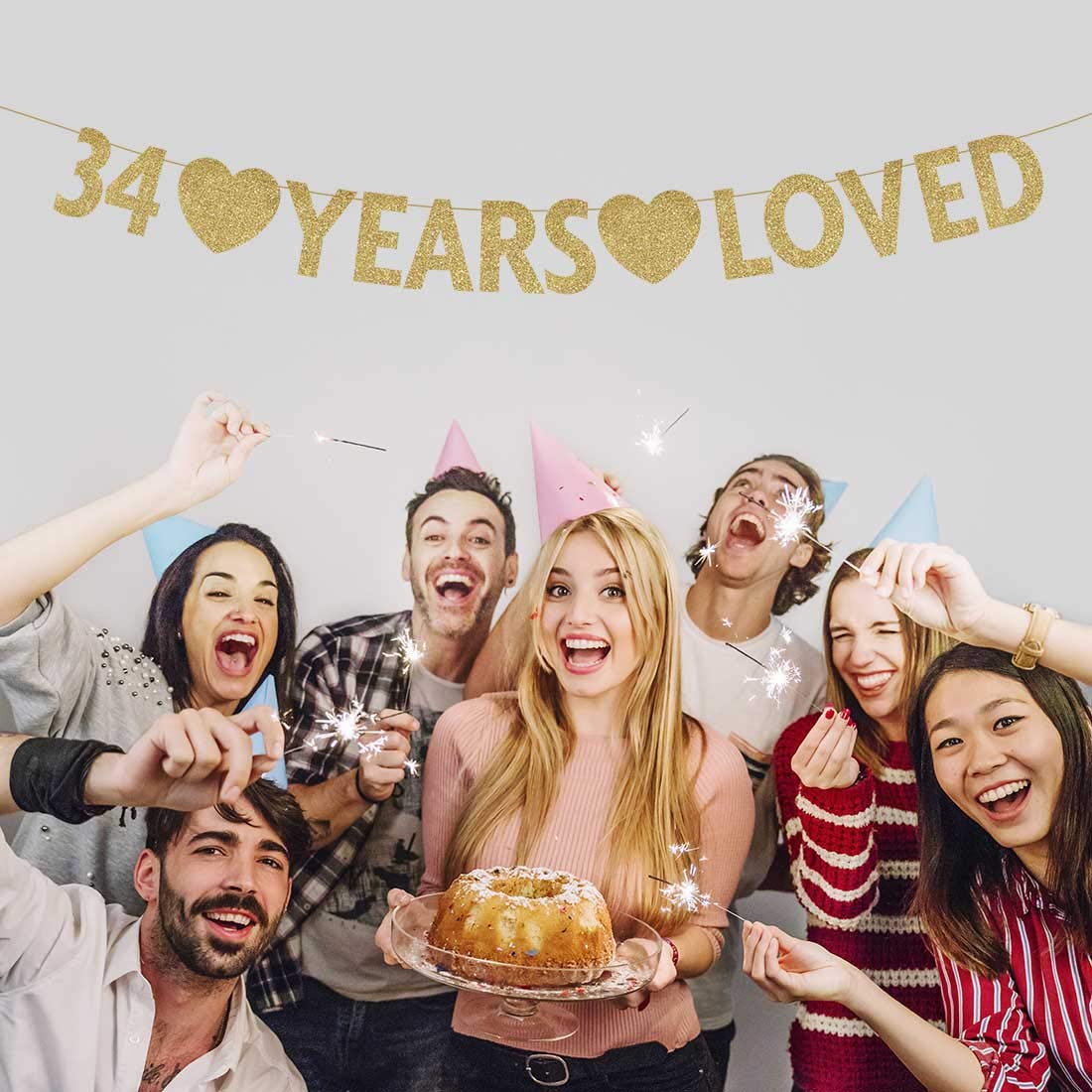 Gold 34 Year Loved Banner - Sparkling Gold Glitter Happy 34th Birthday Party Decorations & Supplies - Perfect for Anniversary Celebrations, Milestone Parties, and Special Occasions