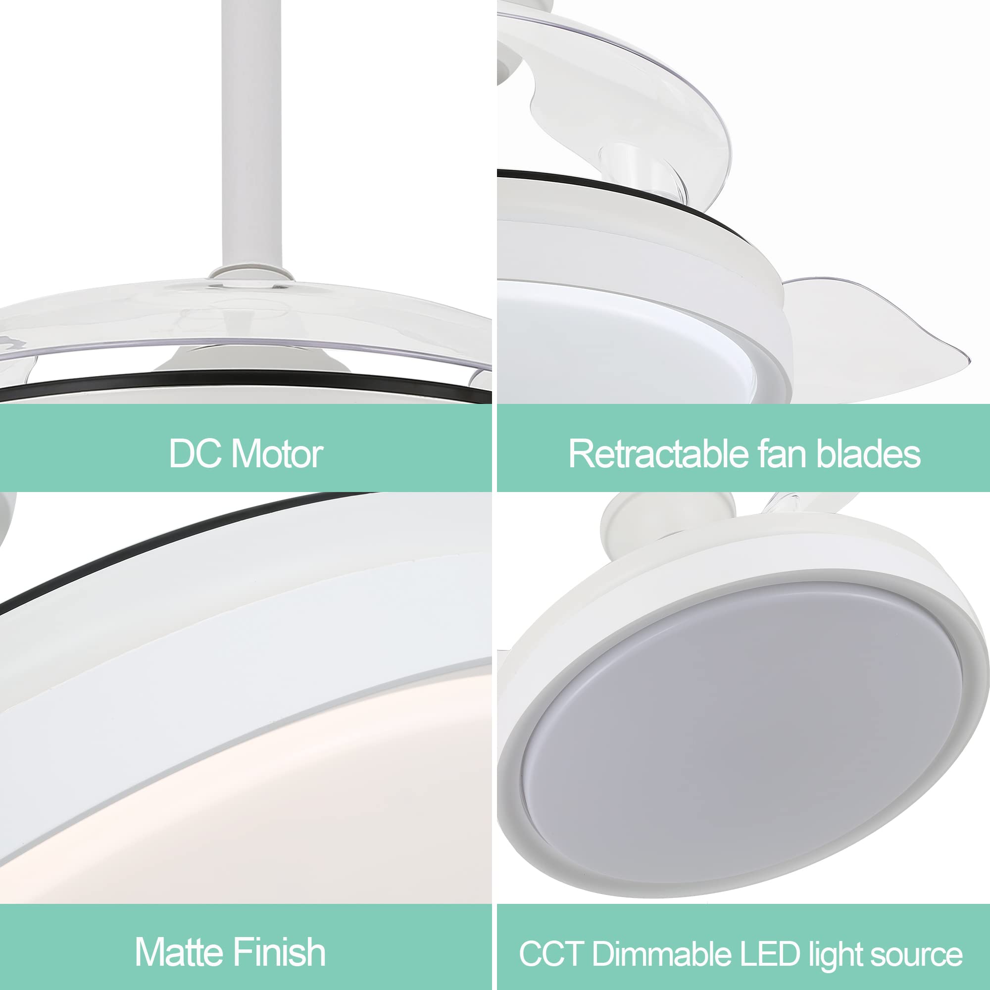 42 Inch Retractable Ceiling Fan with LED Lights & Remote Control - Modern Smart Fan with Adjustable Blades, 6 Speed DC Motor, 3 Color Temperatures & Timer - Perfect for Bedroom, Living Room & Office