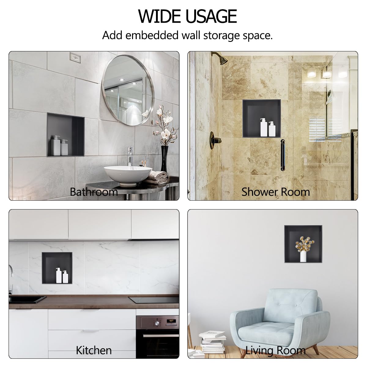 Luckyhorse 16x16 Inch Black Stainless Steel Shower Niche - Waterproof Wall-Mounted Bathroom Recessed Shelf for Shampoo, Soap & Towel Storage | Modern Rectangular Shower Organizer for Showers, Bathtubs & Spa Areas | Rustproof & Easy to Clean Bathroom Storage Solution