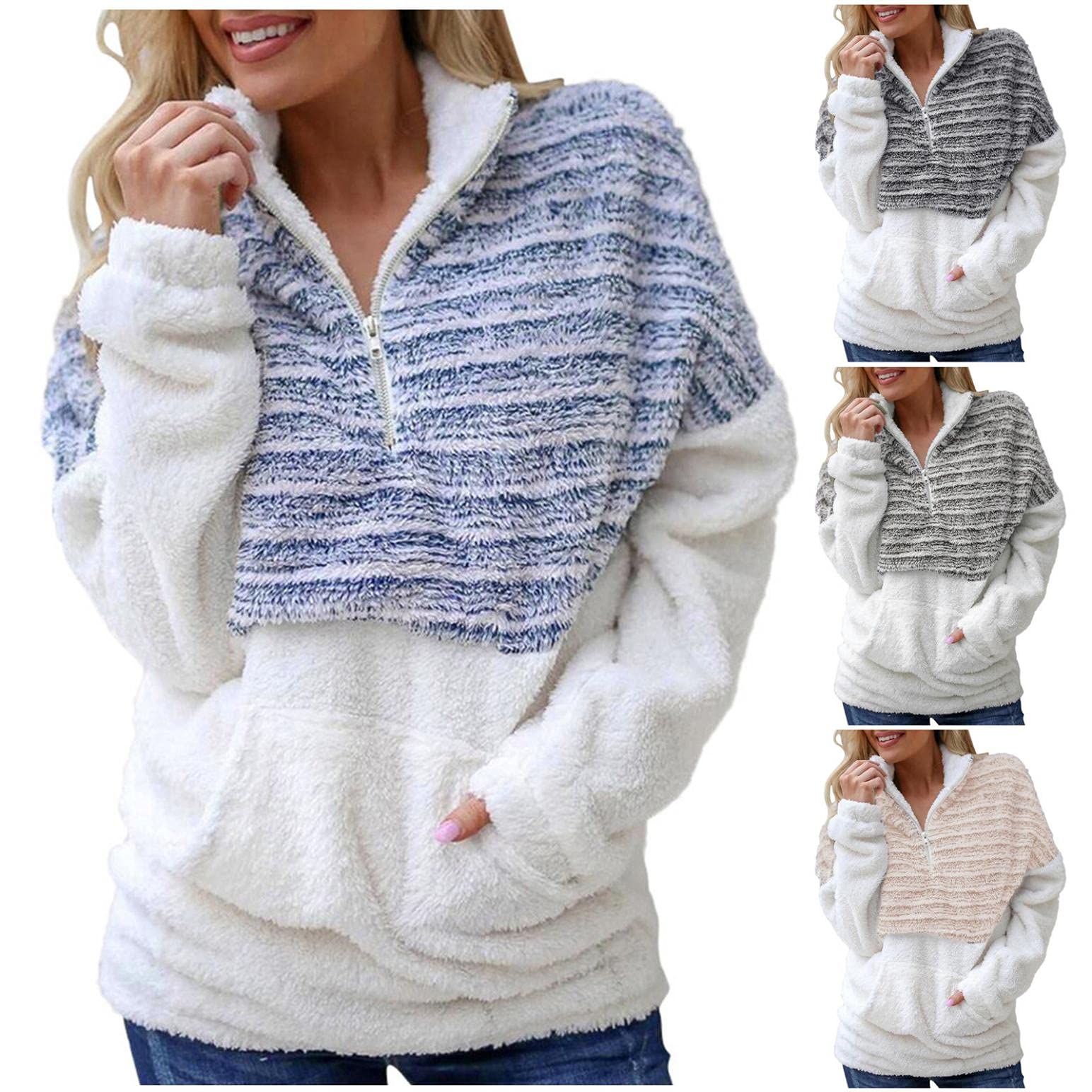 Women's Sherpa Fleece Zip Up Hoodie - Soft Long Sleeve Pullover with Lapel Neck & Pockets - Cozy Winter Jacket for Outdoor Activities & Casual Wear