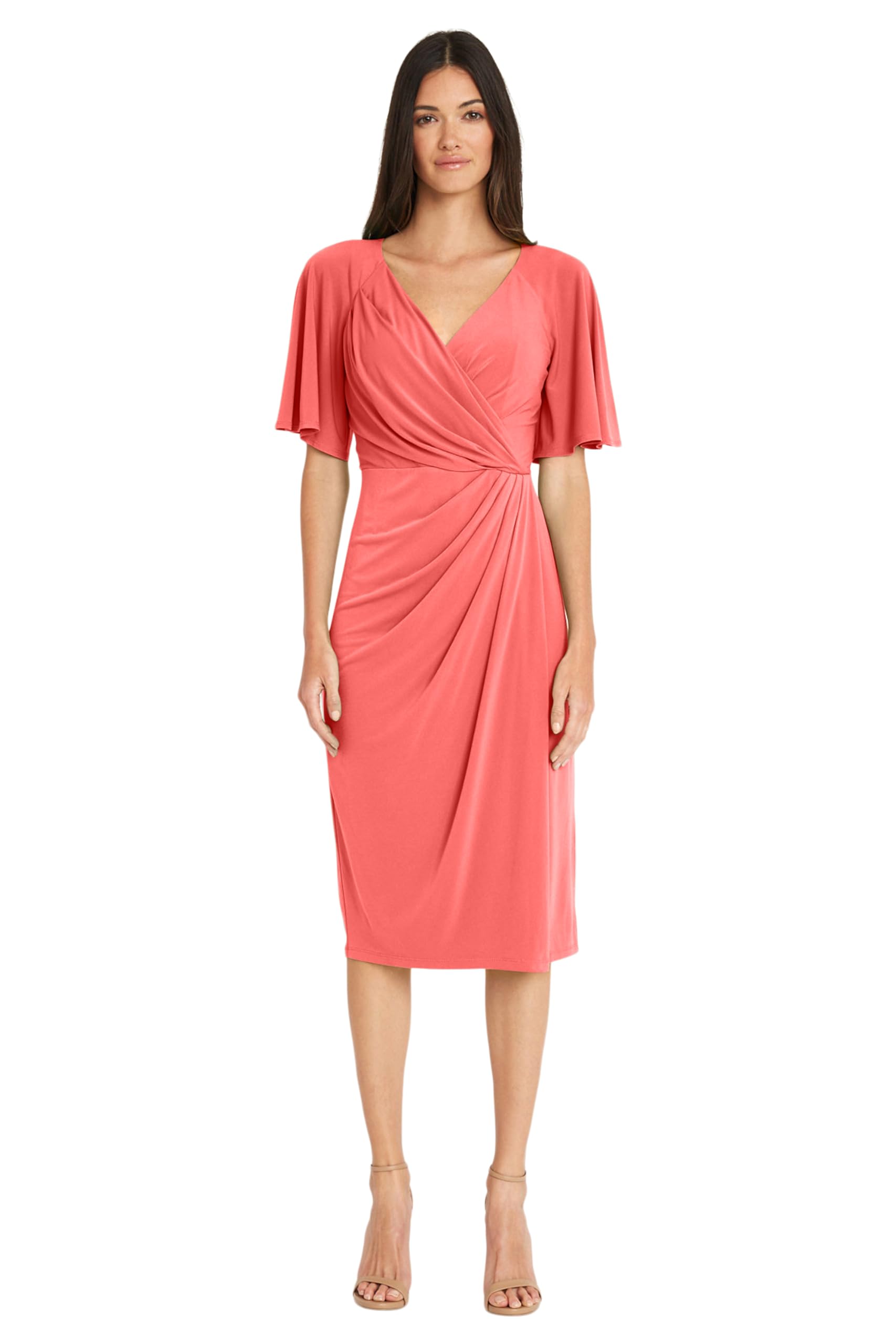 Maggy London Women's Versatile V-Neck Flutter Sleeve Faux Wrap Dress - Wedding Guest, Cocktail Party & Special Occasion Outfit