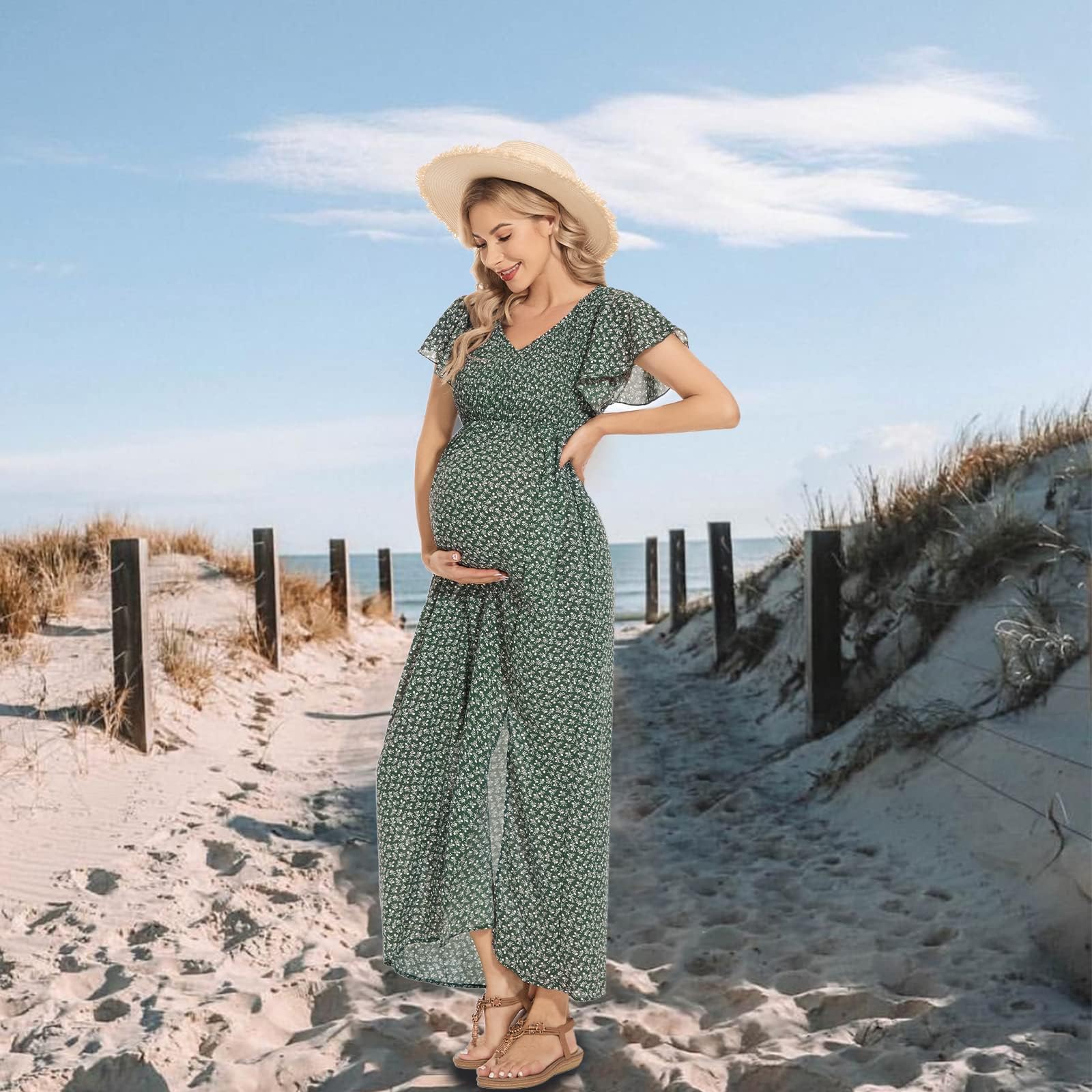 Boho Floral Print V-Neck Maternity Dress with Smocked Waist & Flutter Sleeves - Perfect for Baby Showers, Maternity Photoshoots and Summer Occasions