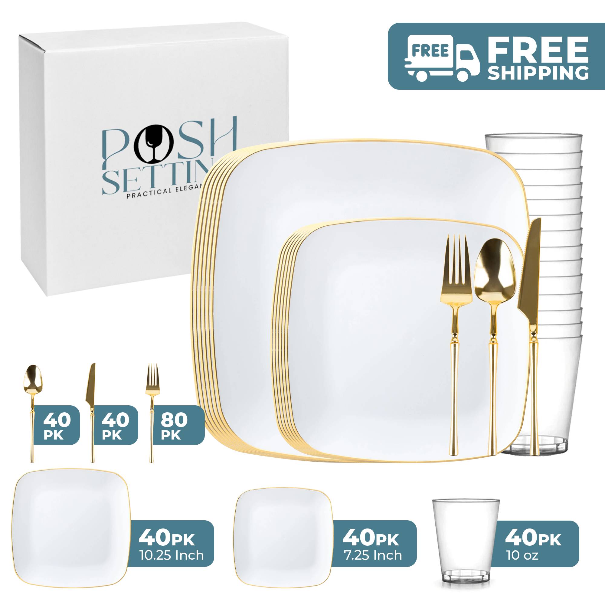 White and Gold Plastic Party Bundle - Classic Square Disposable Plates, Cups, and Cutlery Set for Birthday, Wedding, and Holiday Celebrations