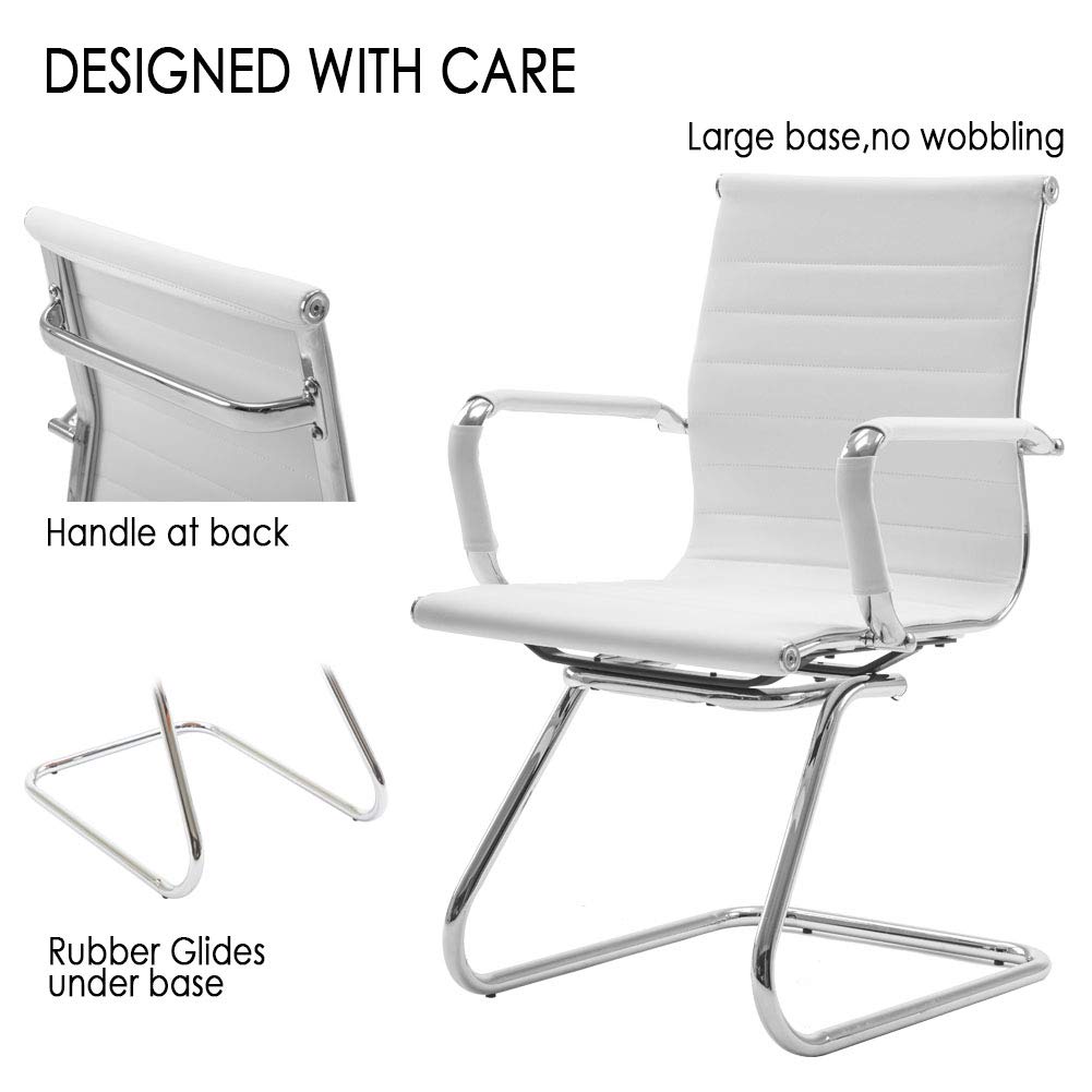 Premium Leather Reception Chairs - Heavy Duty Conference Chairs with Back Support, No Wheels, Set of 2 (White) - Perfect for Office Lobbies, Waiting Areas & Guest Seating