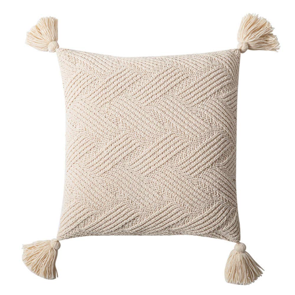 SDCVRE 45x45cm Twill Knit Cushion Cover - Solid Beige, Green & Grey Pillow Case with Tassels for Sofa & Bed (Ivory) | Home Decor Square Pillow Cover for Living Room, Bedroom & Office