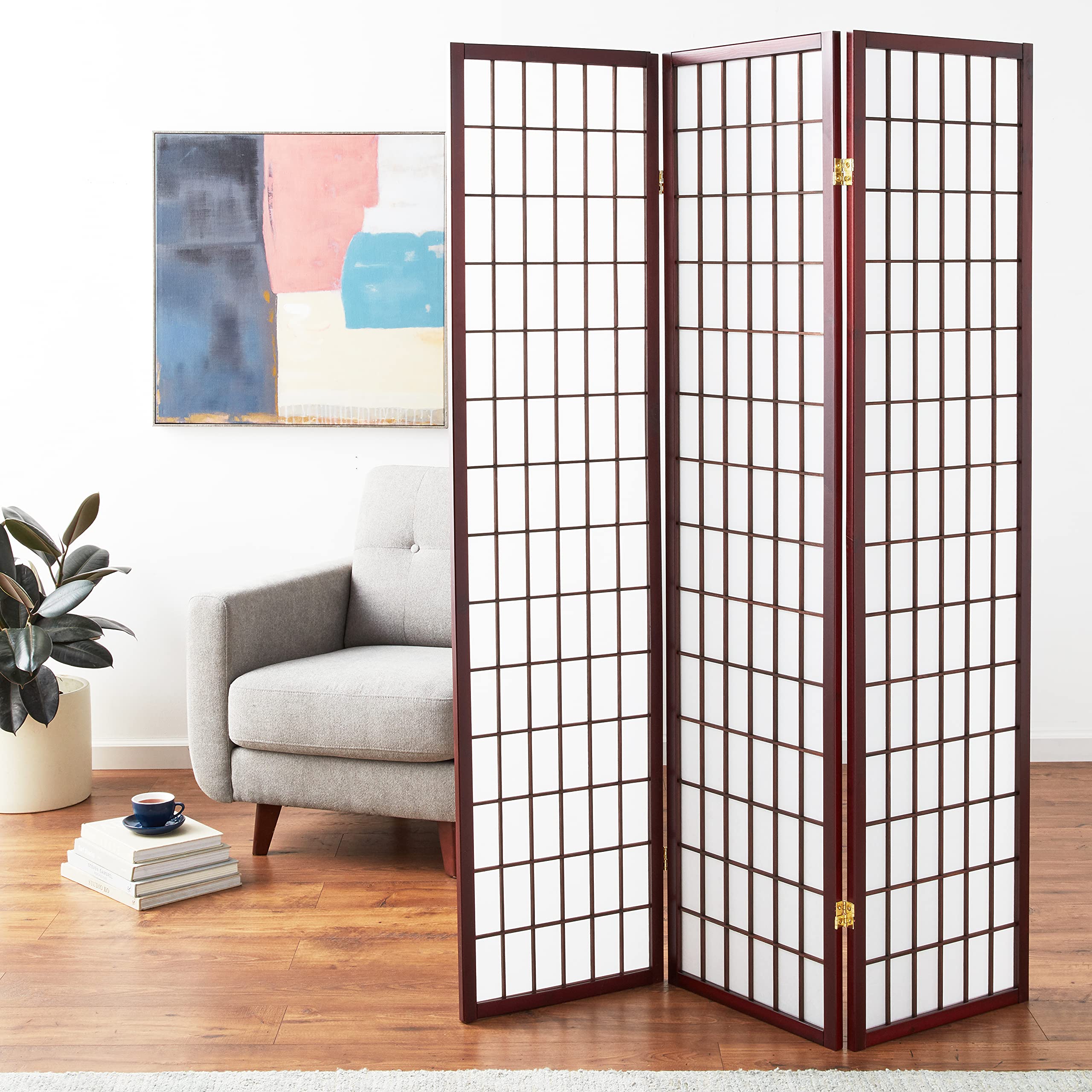 ORE International 3-Panel Wooden Room Divider Screen - Cherry Finish for Home, Office & Privacy - Folding Partition for Bedroom, Living Room & Studio Spaces