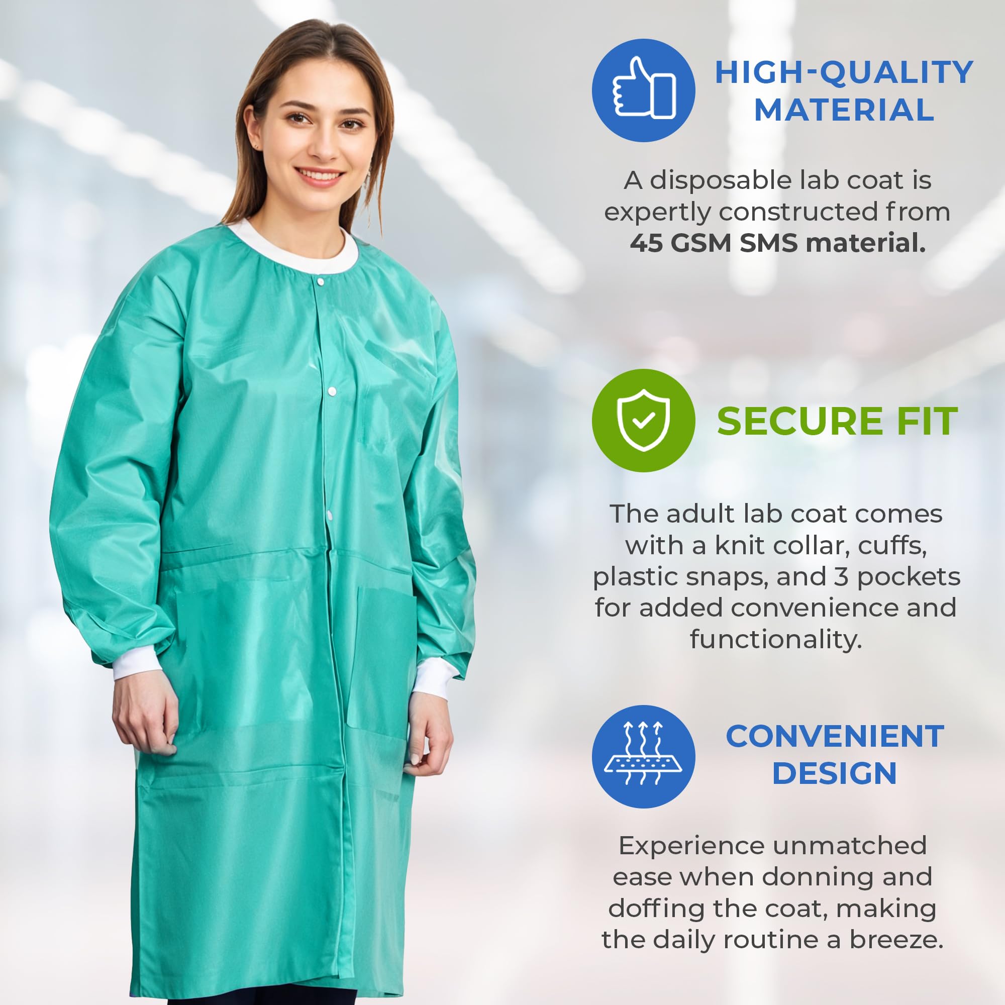 Disposable Lab Coats for Adults - 2X-Large Pack of 50, Teal Blue SMS Knee-Length Medical Lab Coats (45 GSM) with Cuffs, Collar & 3 Pockets - Ideal for Medical, Dental, Painting & Laboratory Use