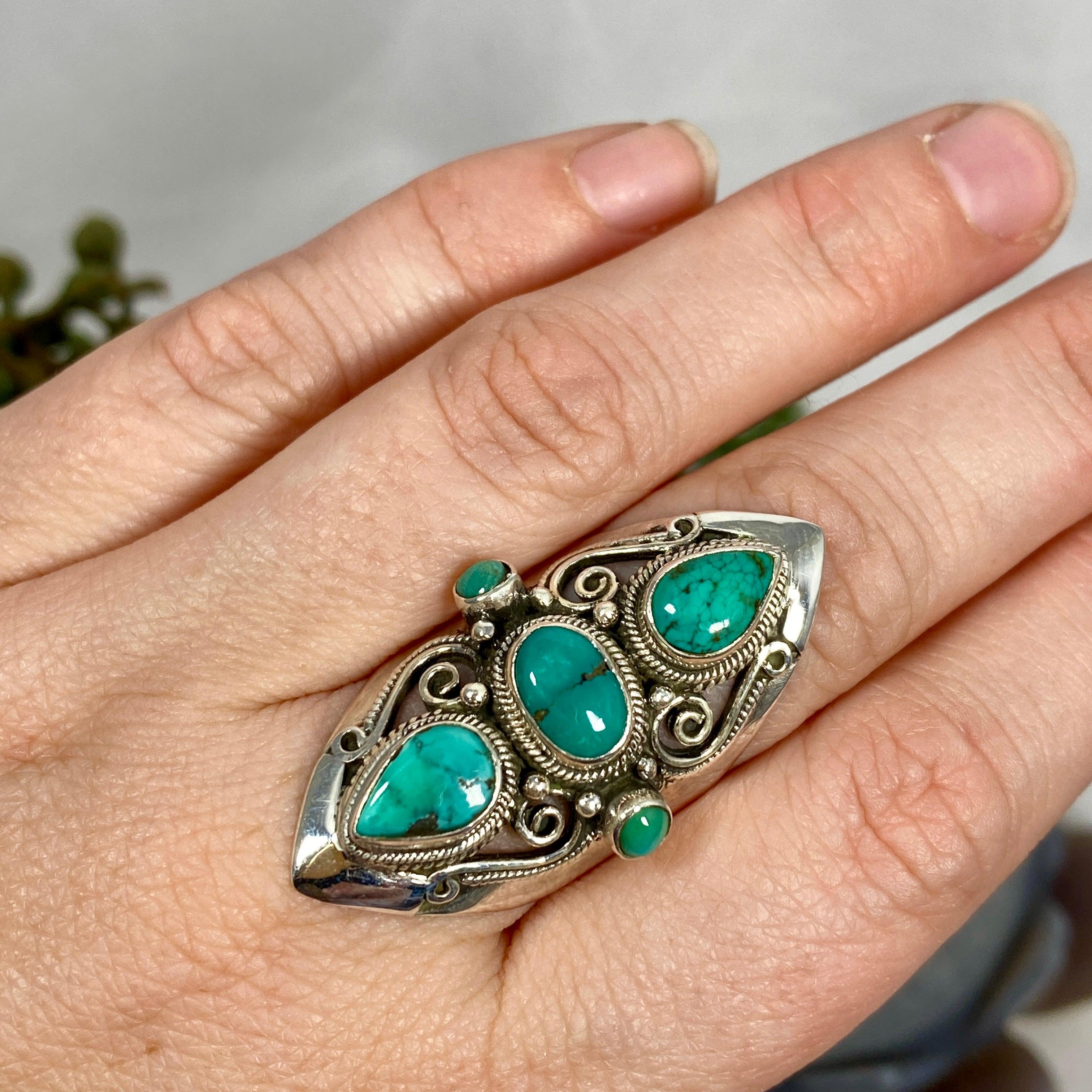 Boho Style Turquoise Multi Stone Ring for Women - Size 8 (R4068) | Handmade Bohemian Jewelry for Casual Wear, Festivals & Gift Giving