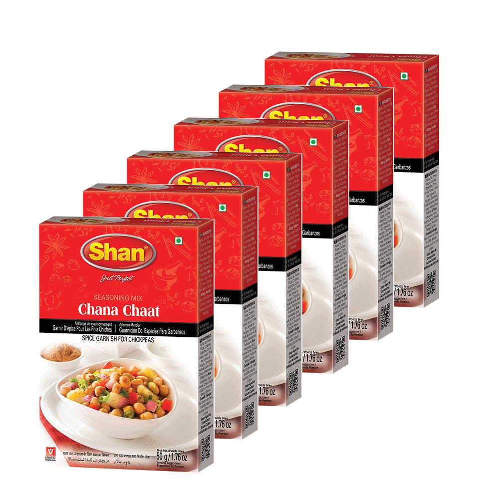 Shan Chana Chaat Seasoning Mix 1.76 oz (50g) - Authentic Indian Spice Powder for Chickpeas & Savory Snacks - Vegetarian Friendly - Airtight Packaging (Pack of 6) - Perfect for Parties, Picnics & Quick Snacks