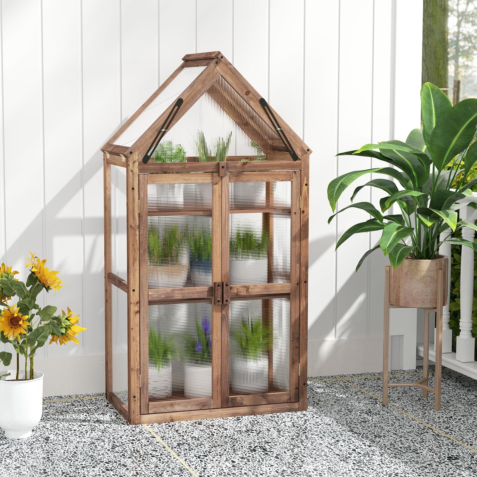 Happygrill Cold Frame - Mini Wooden Greenhouse with Transparent Openable Roof, Raised Flower Planter Shelf & 3 Adjustable Shelves, Polycarbonate Panels - Indoor/Outdoor Small Wood Greenhouse Cabinet for Gardening, Seed Starting & Plant Protection