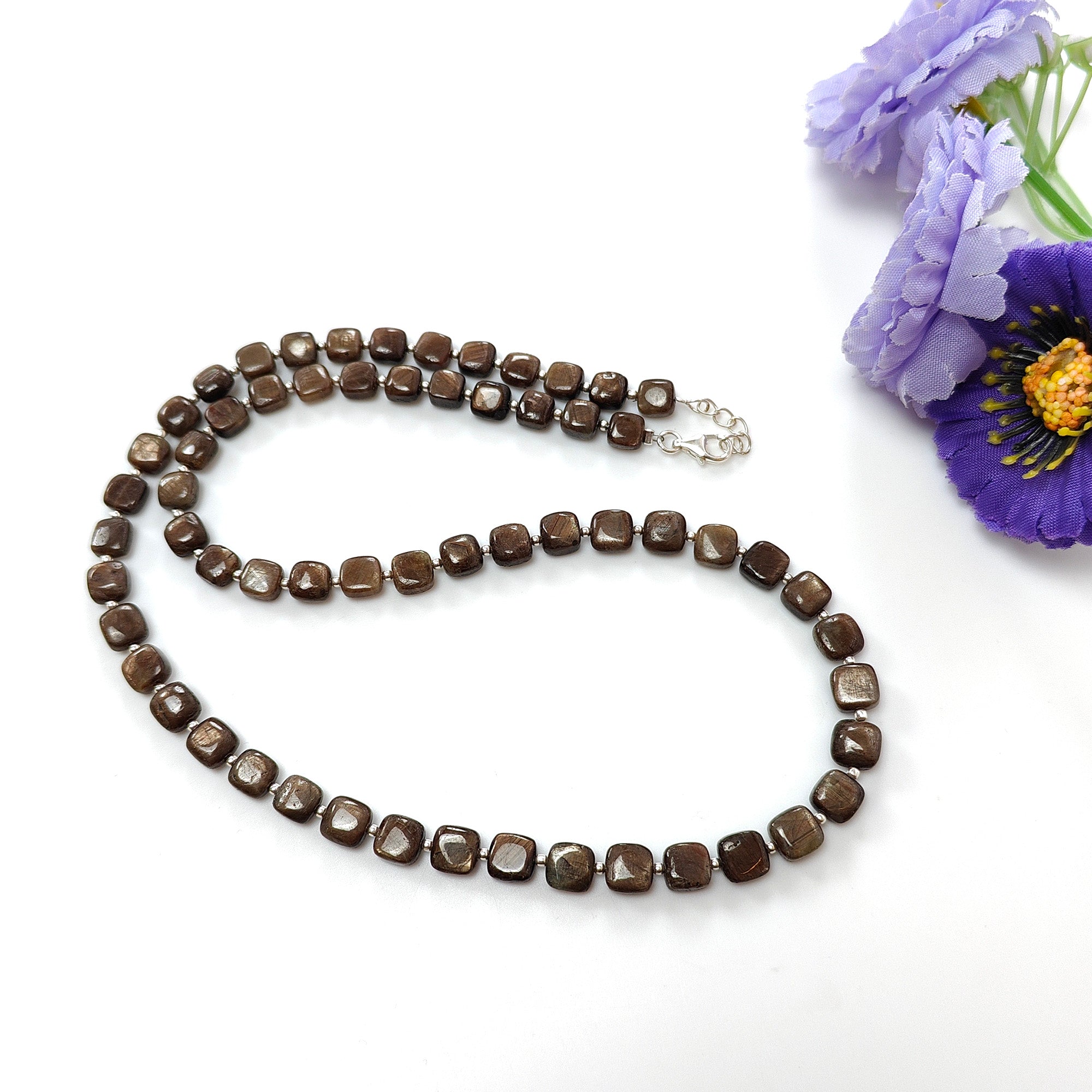 Golden Brown Chocolate Sapphire Gemstone Beads Necklace - 27.30g Natural Plain Cushion Briolette Sapphire 925 Sterling Silver 6mm 7mm 20