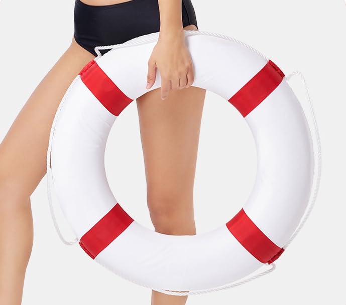 Life Ring Pool Safety Ring - 52cm/20.5inch Swim Foam Buoy with Rope, Red Emergency Flotation Device for Swimming Pools, Lakes, and Beaches