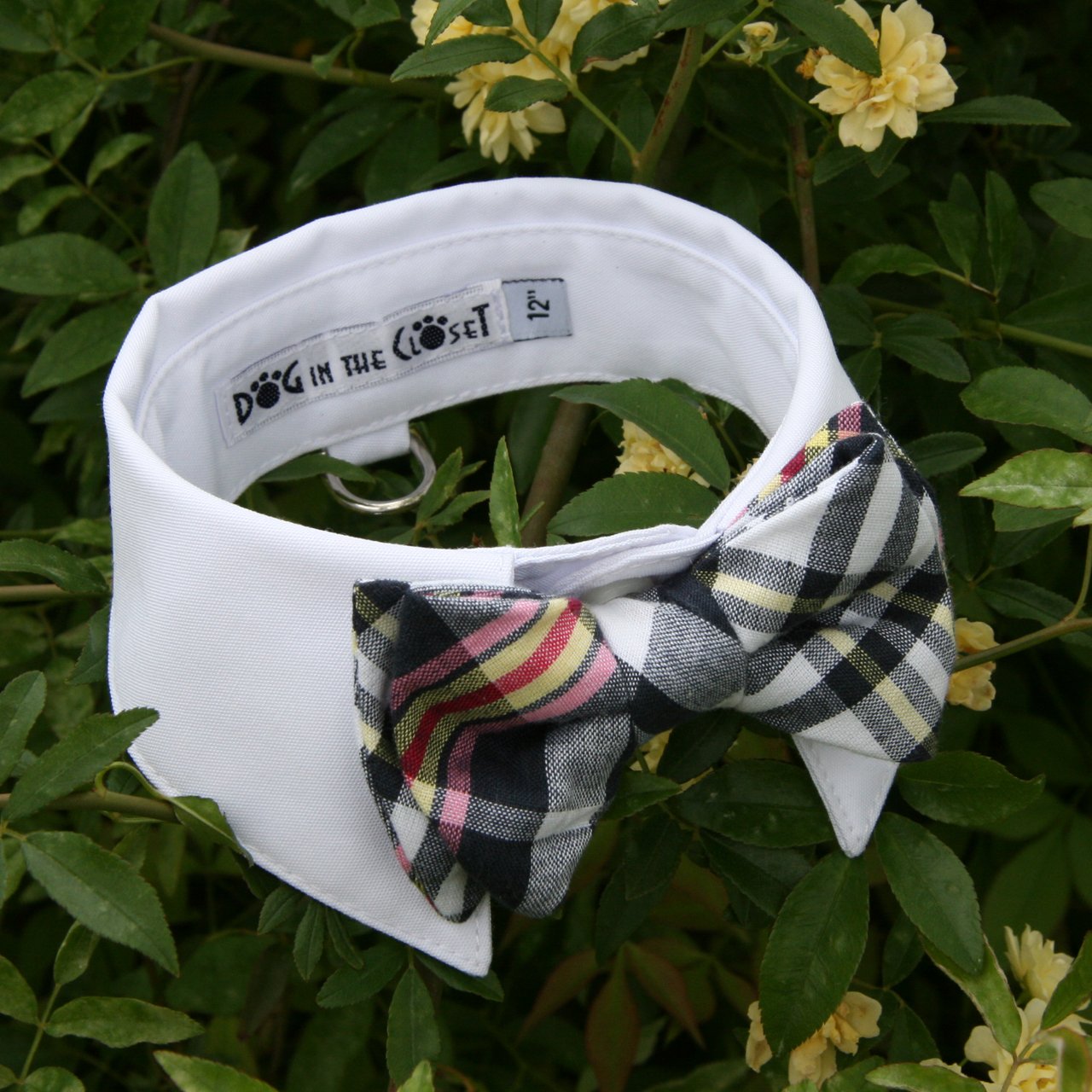White Dog Collar with Navy Plaid Bow Tie - Perfect for Pet Parties & Photos