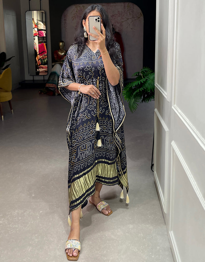 Elegant Black Pure Gaji Silk Kaftan Dress with Bandhej Digital Print & Gotta Patti Lace Border - Trendy Designer Party Wear with Tassel Details for Women | Perfect for Evening Parties, Weddings & Special Occasions
