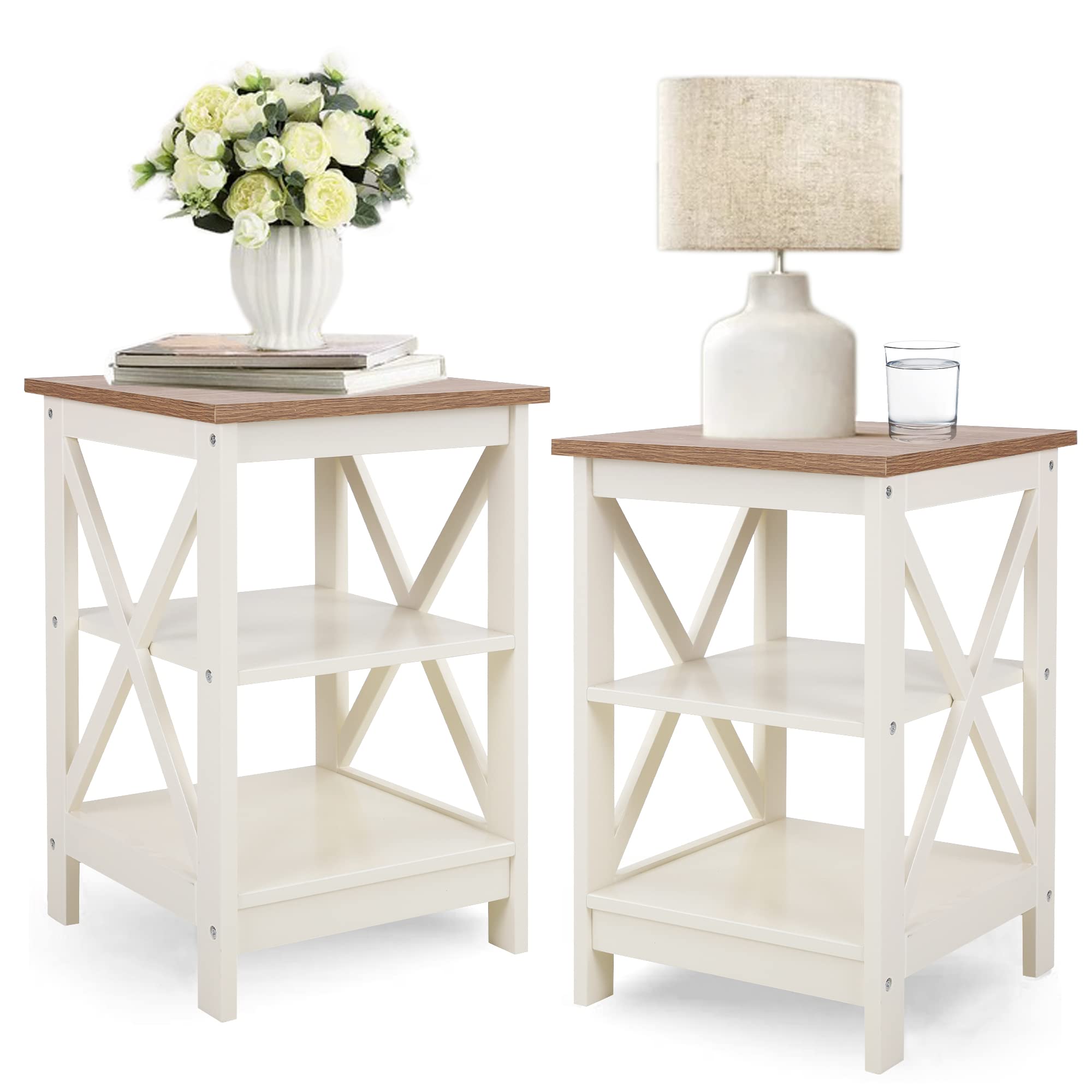 PHI VILLA Set of 2 Farmhouse End Tables - Ivory White Nightstand & Bedside Table for Living Room, Bedroom | Rustic Home Decor Accent Furniture for Small Spaces & Apartment