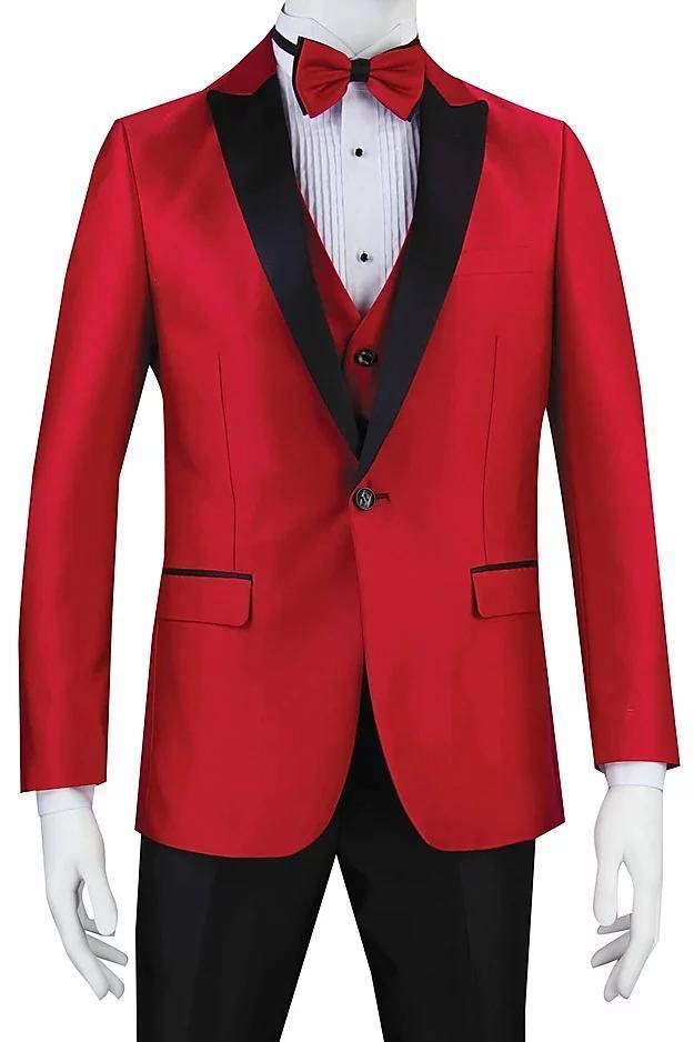 Elegant Red Slim Fit Tuxedo with Black Peak Lapel & Matching Pants - Perfect for Weddings, Prom, Black Tie Events & Formal Occasions