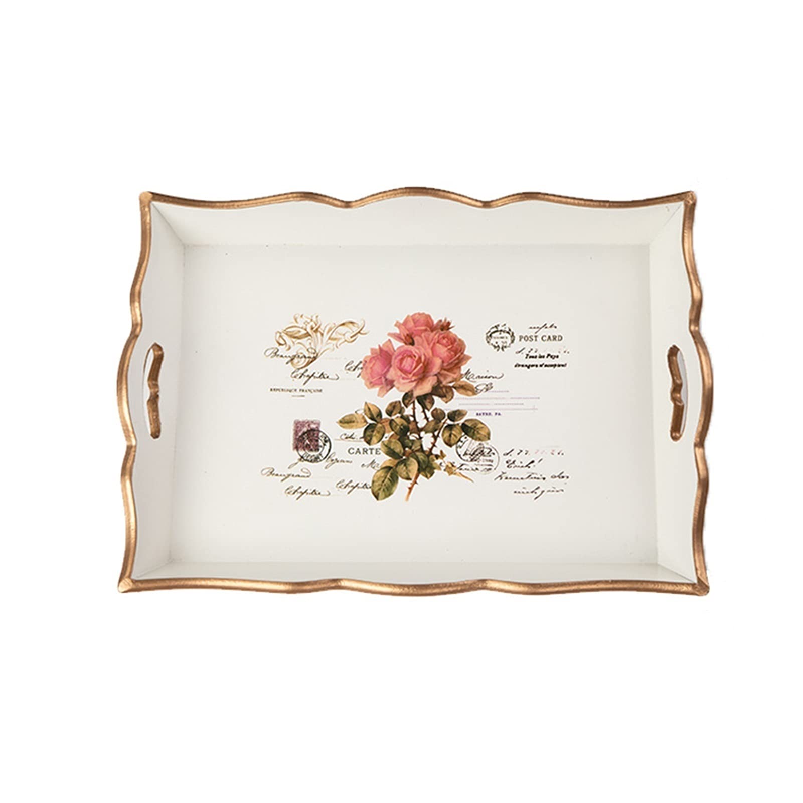 Stylish Rectangular Wooden Handle Serving Tray with Golden Border - Farmhouse Decor Food Platter for Snacks, Breakfast & Entertaining | Perfect for Dining, Parties & Home Decor