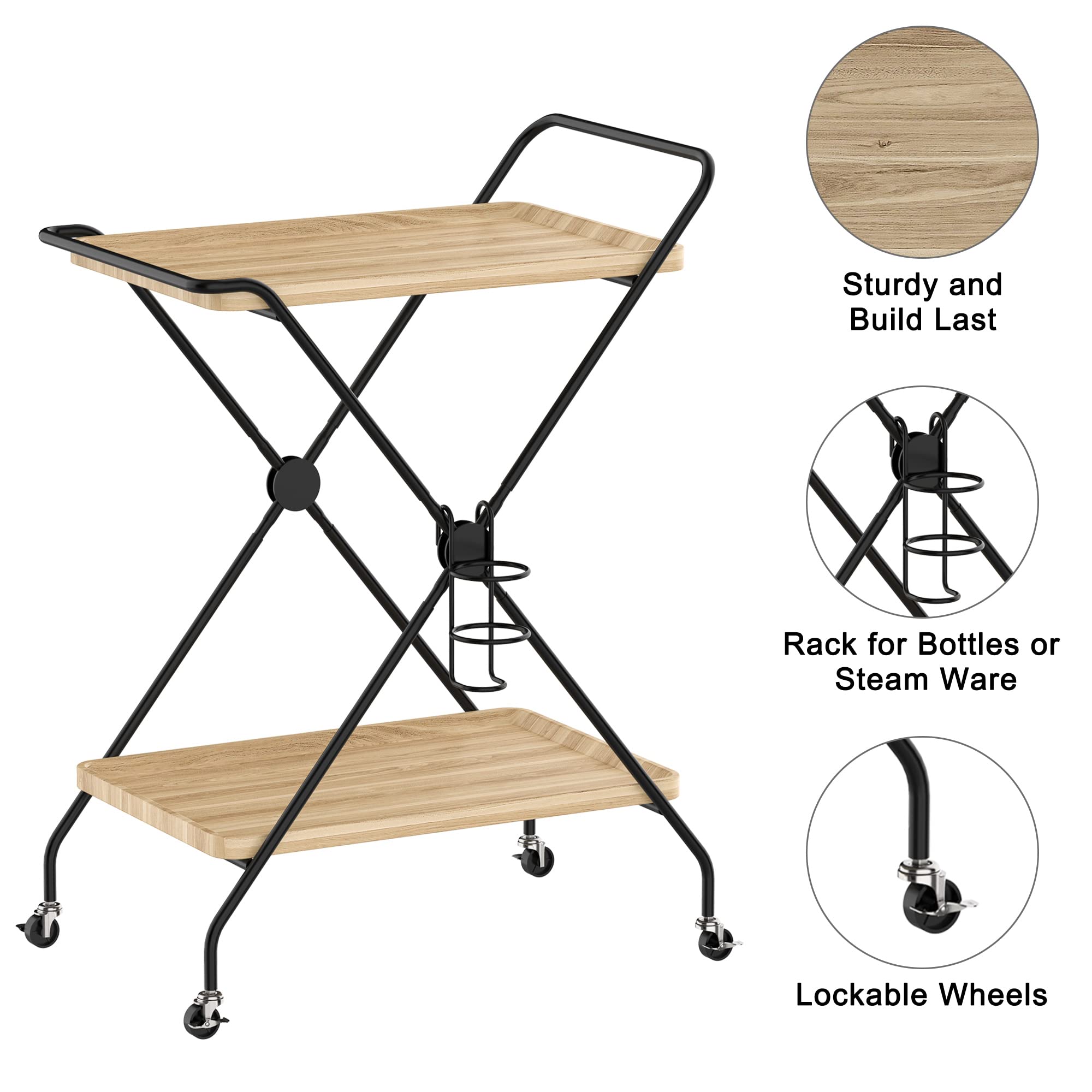 **IRONCK 2-Tier Industrial Bar Cart with Wheels - Mobile Kitchen & Liquor Cart with Glass Holder - Beige/Black - Perfect for Living Room, Dining Room & Home Bar**