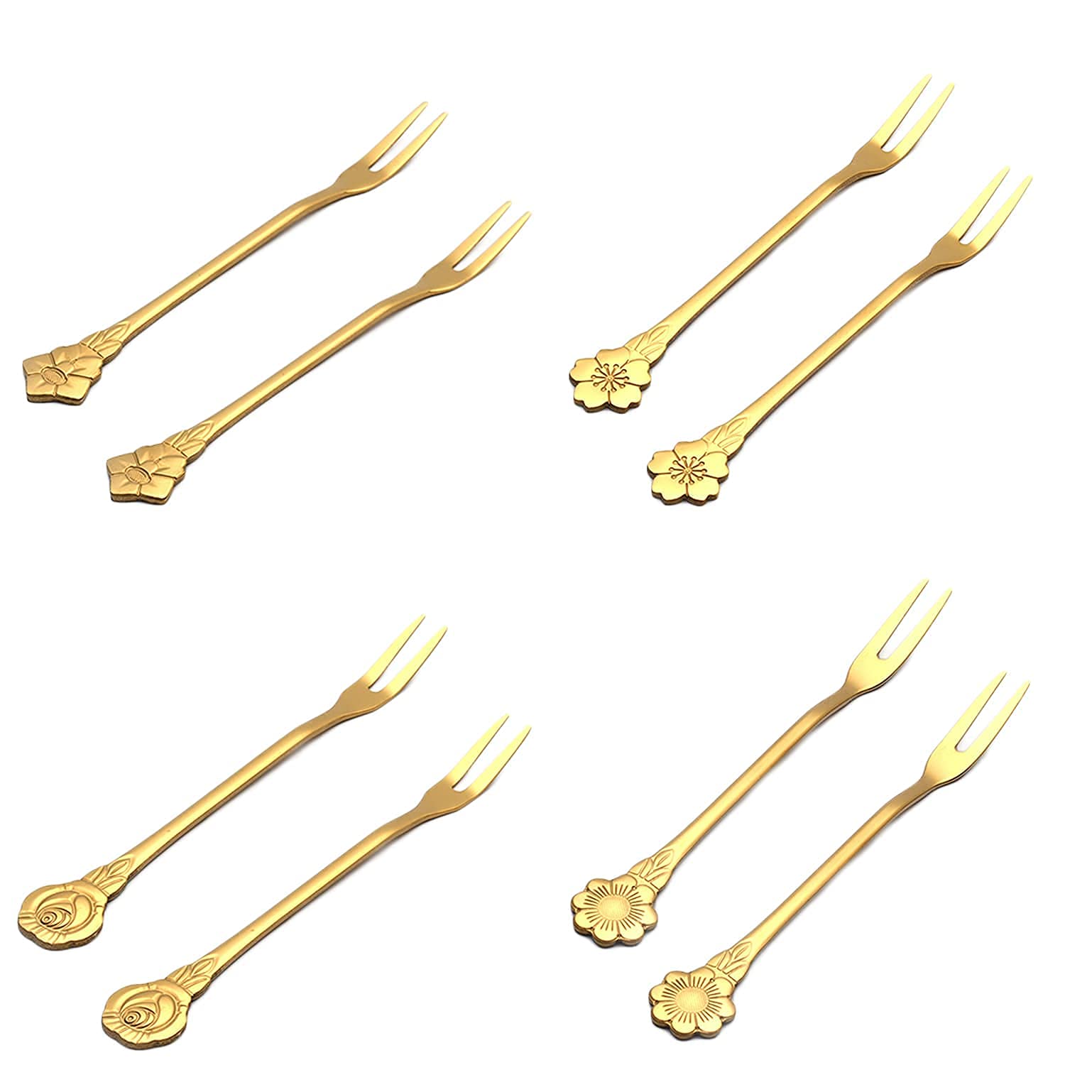 8-Piece Stainless Steel Gold Fruit Forks Set - 2-Prong Appetizer Forks for Cocktails, Salads, Cakes & Desserts - 5.3 Inch Elegant Party Serving Utensils - Perfect for Weddings, Brunches & Tea Parties
