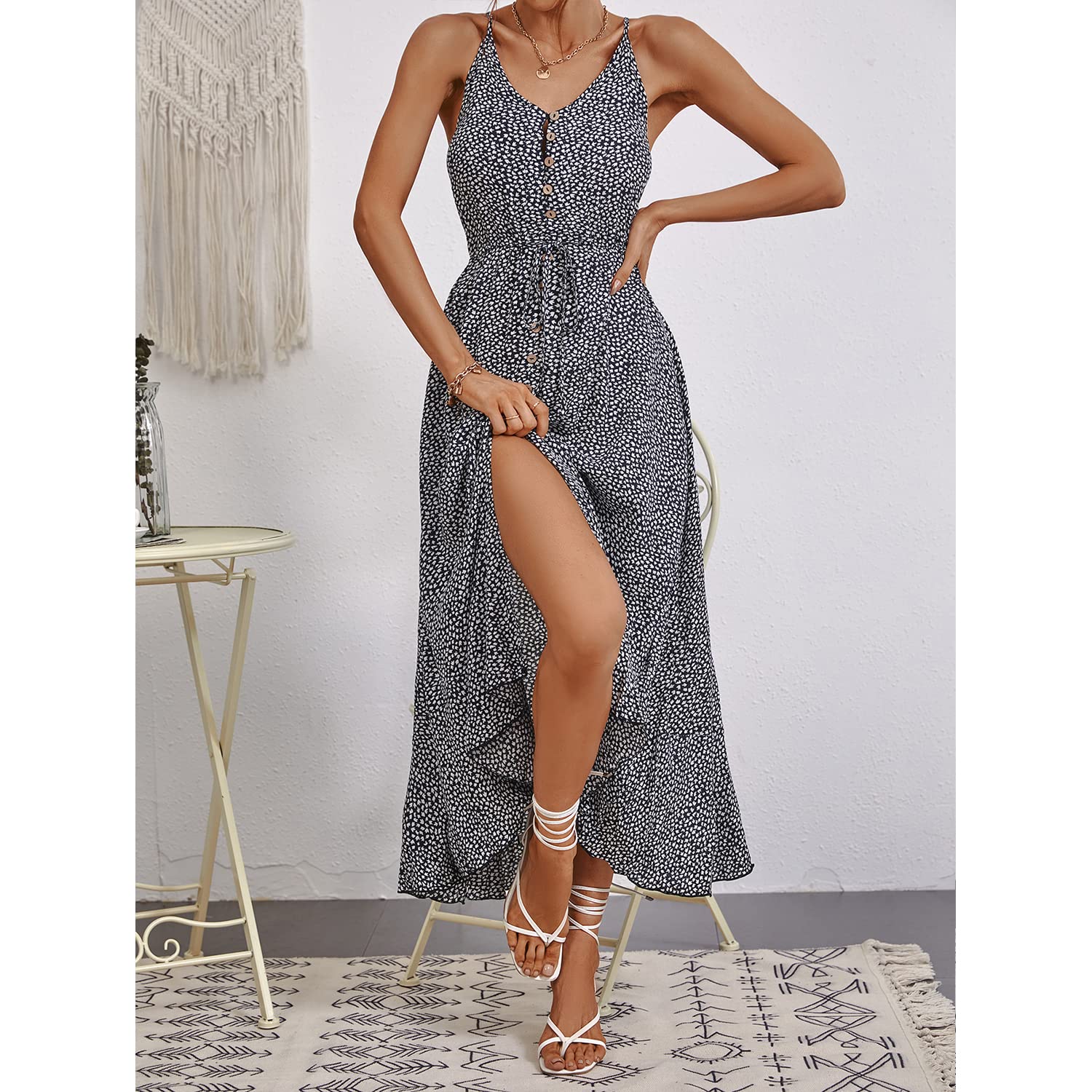 BROVAVE Women's 2025 Summer Casual Boho Sundress - Polka Dot Spaghetti Strap V-Neck Flowy Midi Dress for Beach, Vacation & Outdoor Parties | Lightweight & Comfortable