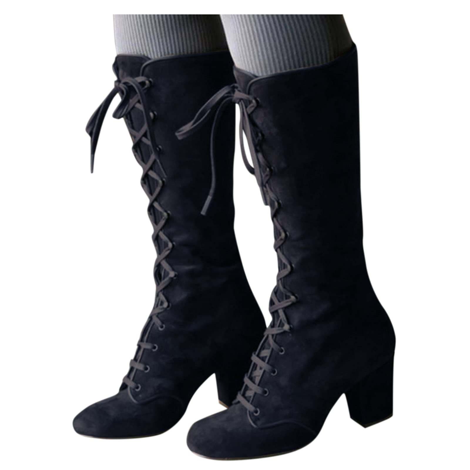 Women's Vintage Lace-Up Mid Calf Boots with Thick Heel - Fashion Winter Casual Shoes for Women - Perfect for Cold Weather, Office Wear & Retro Style Outfits