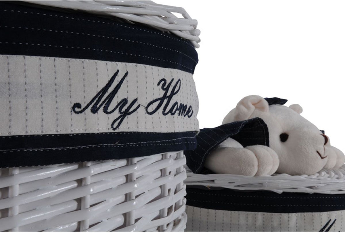 Anne Home Set of 4 Oval Willow Baskets with Teddy Bear - White & Blue Woven Storage Baskets for Kids' Toys, Books & Clothes | Perfect for Nursery, Playroom & Bedroom Organization