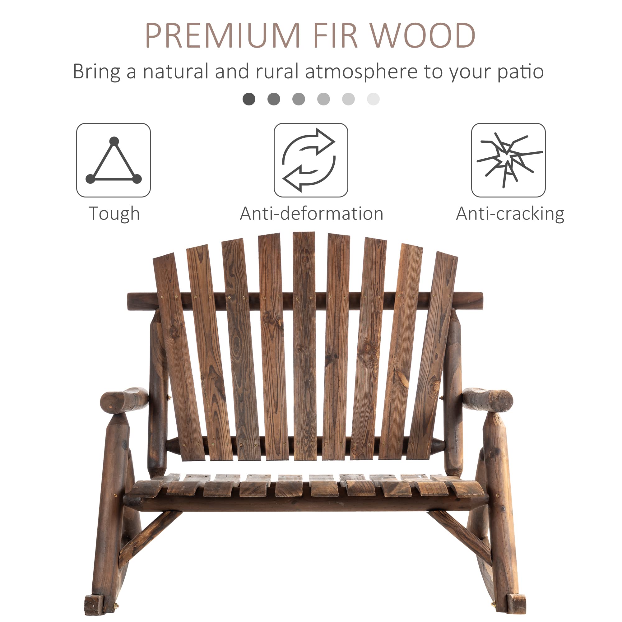Outsunny Double-Person Outdoor Wooden Rocking Chair - Rustic High Back Adirondack Patio Chair with Slatted Seat & Backrest - Perfect for Backyard, Garden, Porch & Indoor Relaxation - Carbonized Finish for Durability