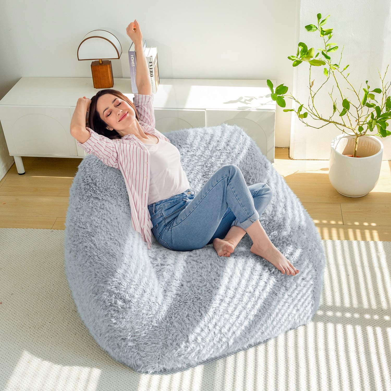 MAXYOYO Fluffy Comfy Large Bean Bag Chair with Pillow - Oversized Lounger for Reading, Gaming & Relaxation in Dusty Blue - Perfect for Bedrooms, Dorms & Game Rooms
