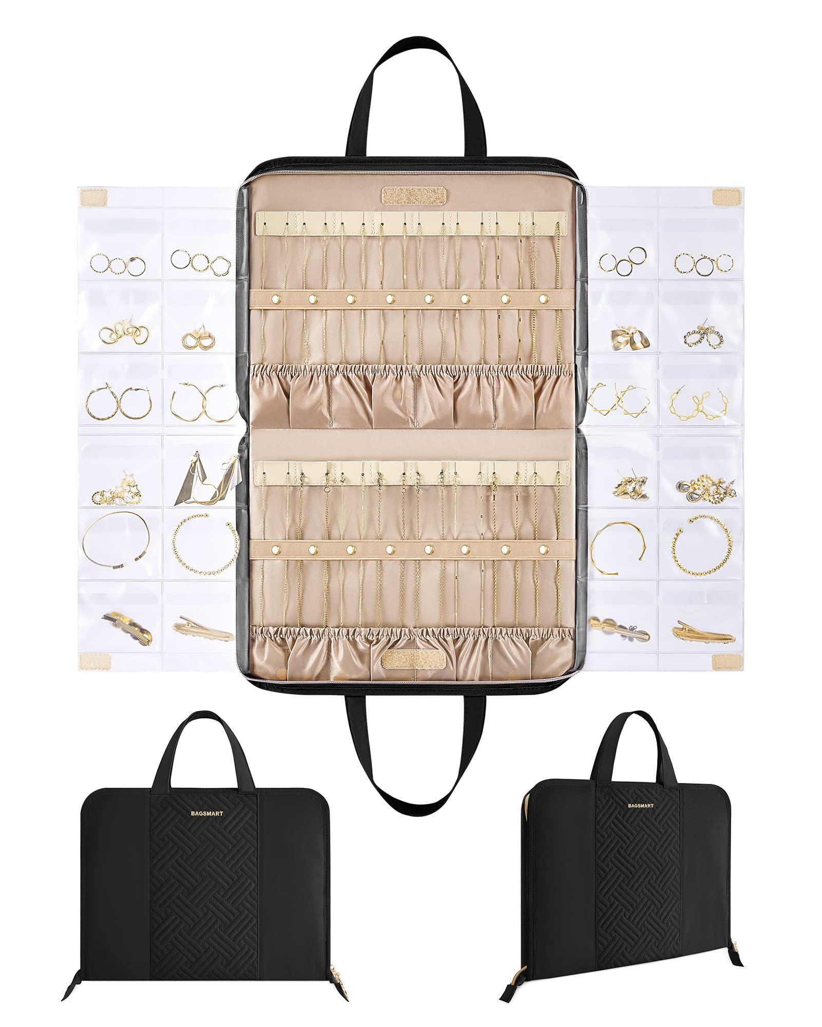 BAGSMART Travel Jewelry Organizer Case - Large Black Tangle-Free Jewelry Roll Bag with Foldable Transparent Pockets for Earrings, Rings, Bracelets | Perfect for Travel, Vacation & Daily Storage Organization