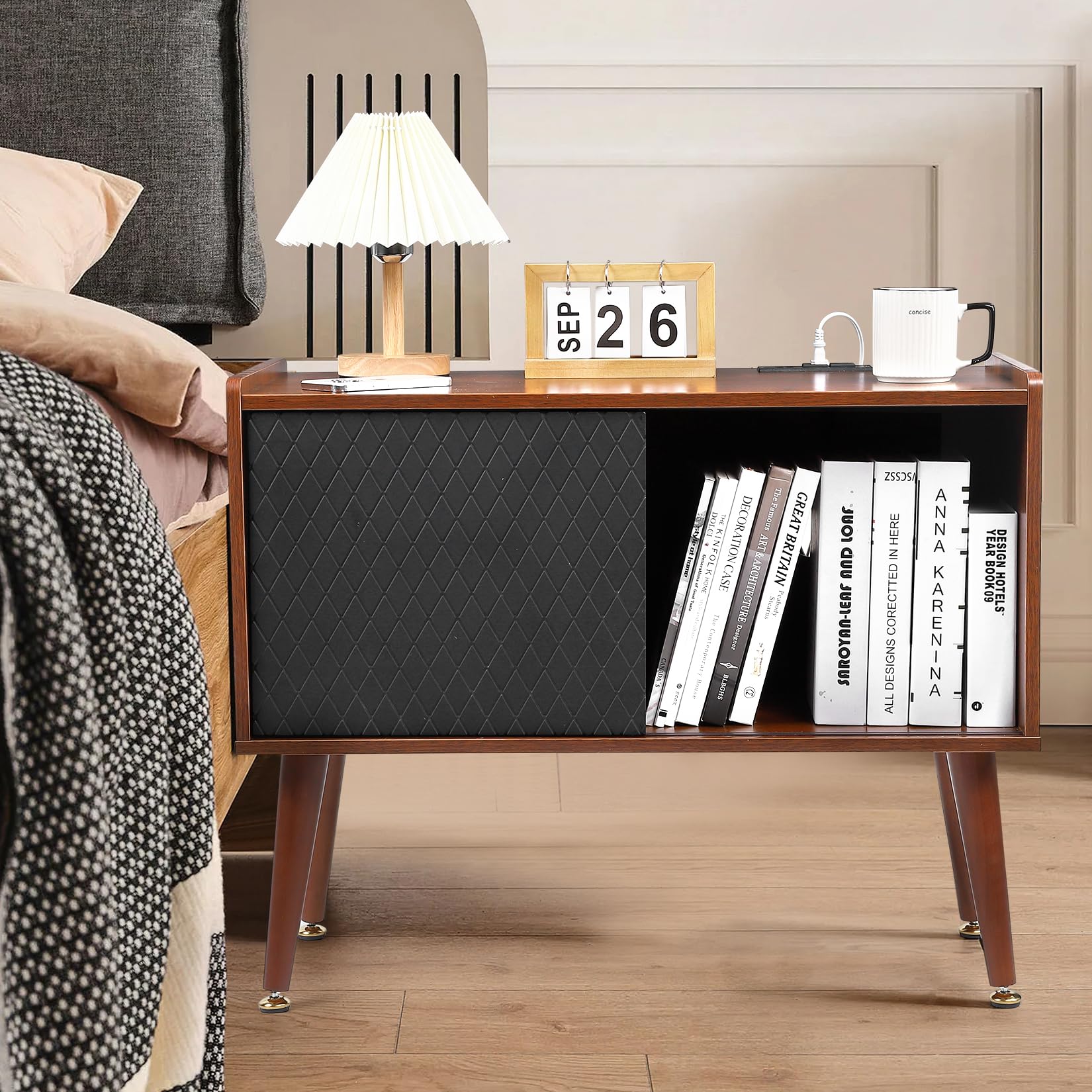 Garvee Wooden Record Player Stand with Charging Station & USB Ports - Large Vinyl Storage Cabinet Holds 300+ Albums - Turntable Stand with Side Table for Living Room, Bedroom & Home Decor