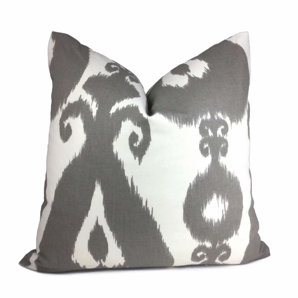 Gray Creamy White Large Scale Ikat Ethnic Cotton Print Pillow Cover - Bohemian Home Decor for Living Room, Bedroom & Sofa