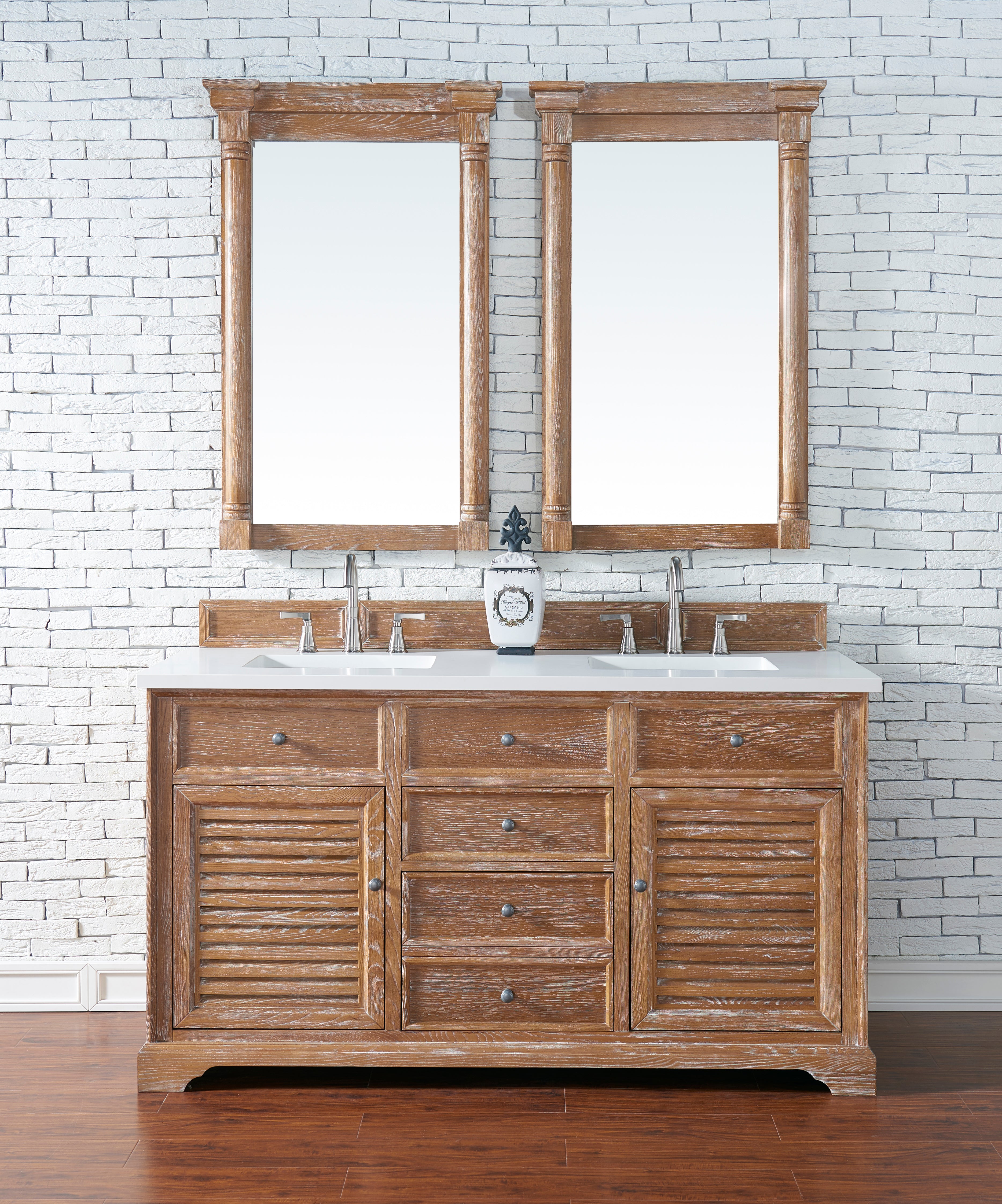 Savannah 60 Inch Double Vanity Cabinet with 3CM Classic White Quartz Top - Driftwood Finish for Bathroom Remodeling | Perfect for Master Bath, Guest Bath & Powder Room