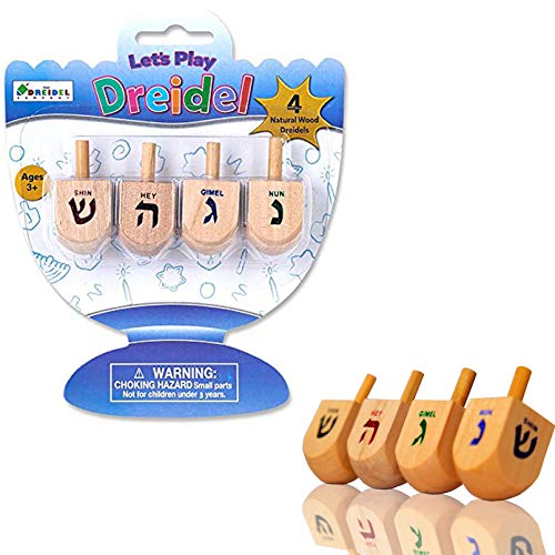 Natural Wooden Dreidels Set of 4 with Instructions - Traditional Hanukkah Game for Family Fun, Jewish Holiday Gift & Chanukah Celebration Activity