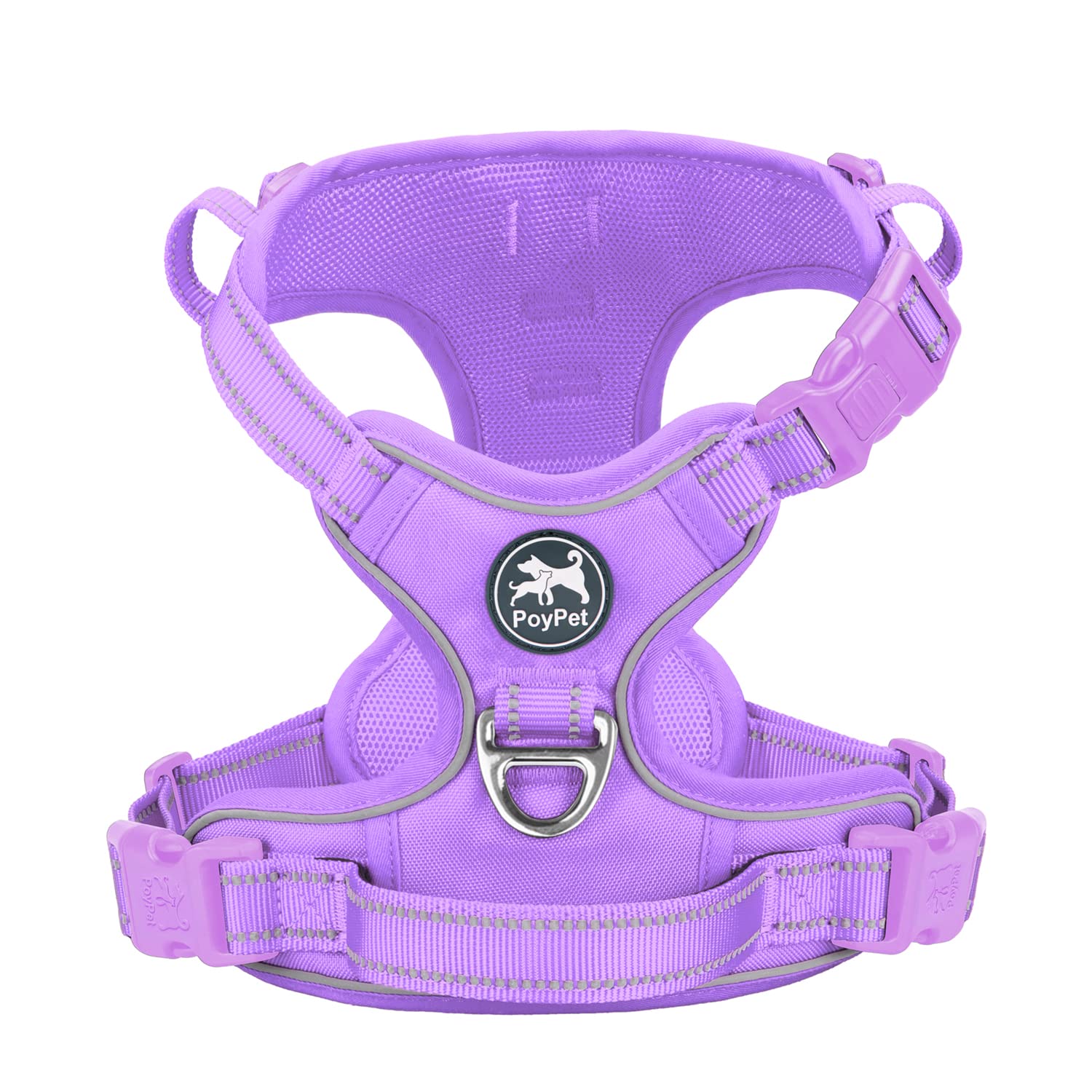 PoyPet No Pull Dog Harness - Reflective Adjustable Pet Vest with Padded Handle for Small Medium Large Dogs | Light Purple Trim | Perfect for Walking, Running & Nighttime Safety (Size L)