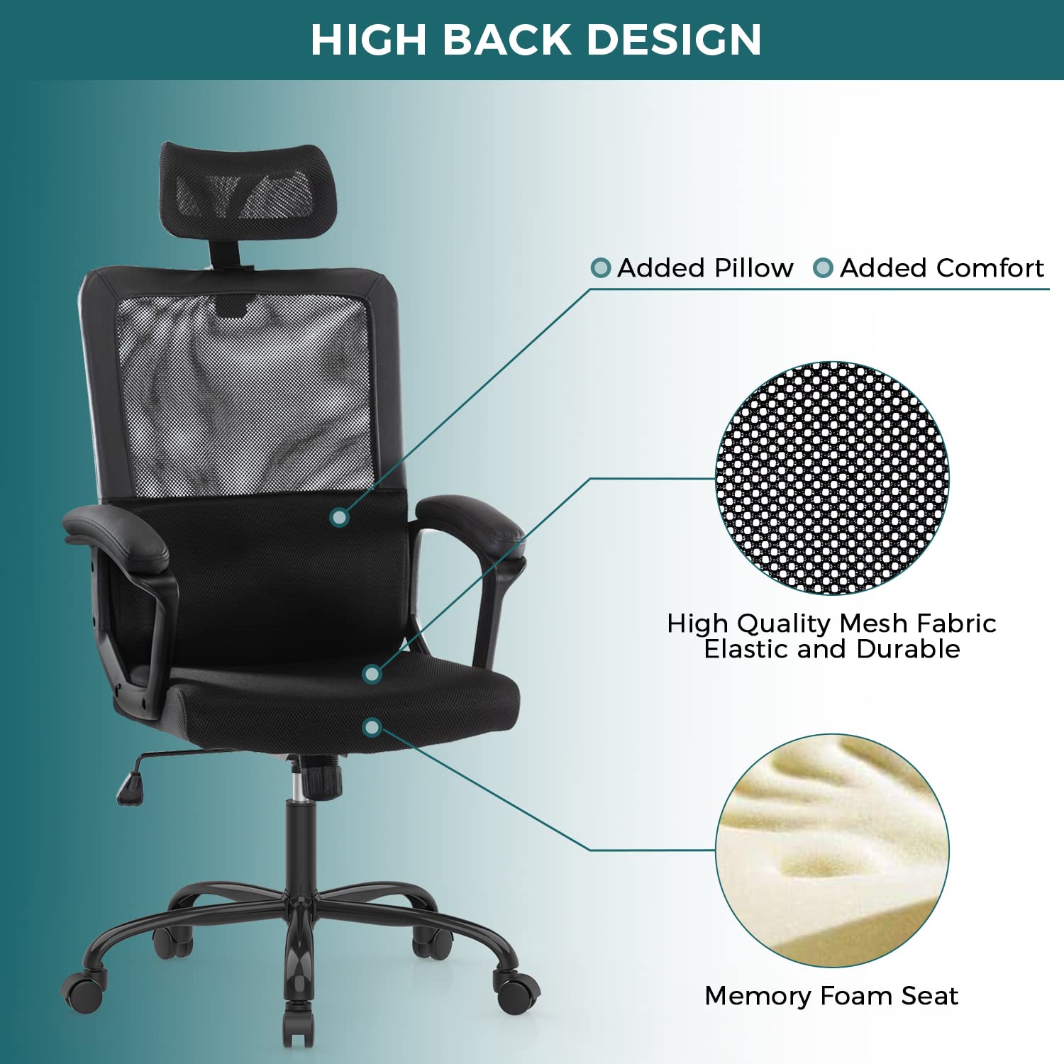 Ergonomic Mesh Office Chair with Adjustable Lumbar Support, Headrest & Armrest - High Back Swivel Rolling Computer Desk Chair for Home Office (Black) - Perfect for Long Work Hours, Gaming & Remote Work