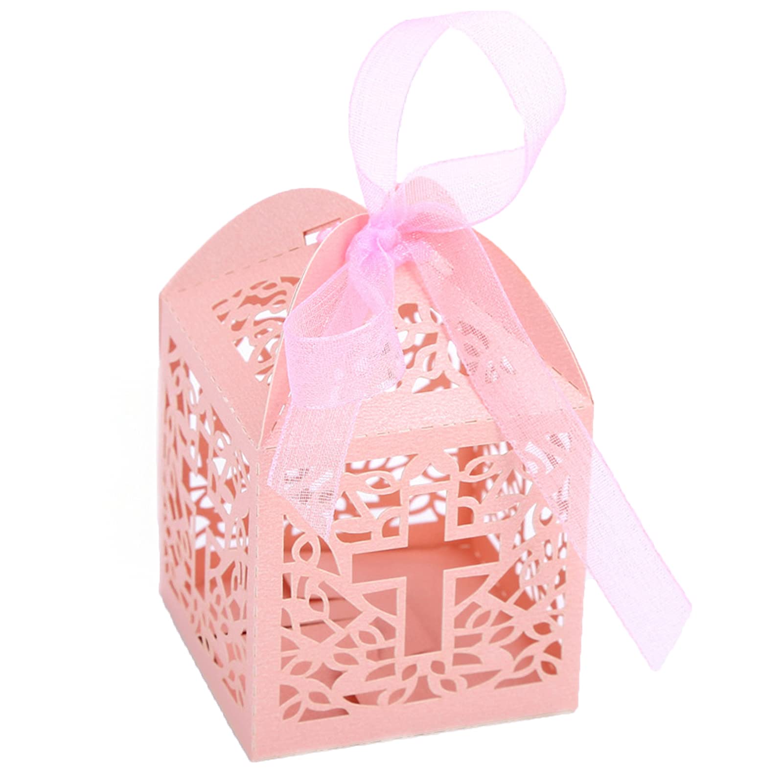 VIVIQUEN Laser Cut Cross Favor Boxes - 50 Ribbons Included for Baby Shower, Christening, Wedding Party Decorations (Baby Pink) | Elegant Baptism Favors & Bomboniere Gift Boxes for Religious Celebrations