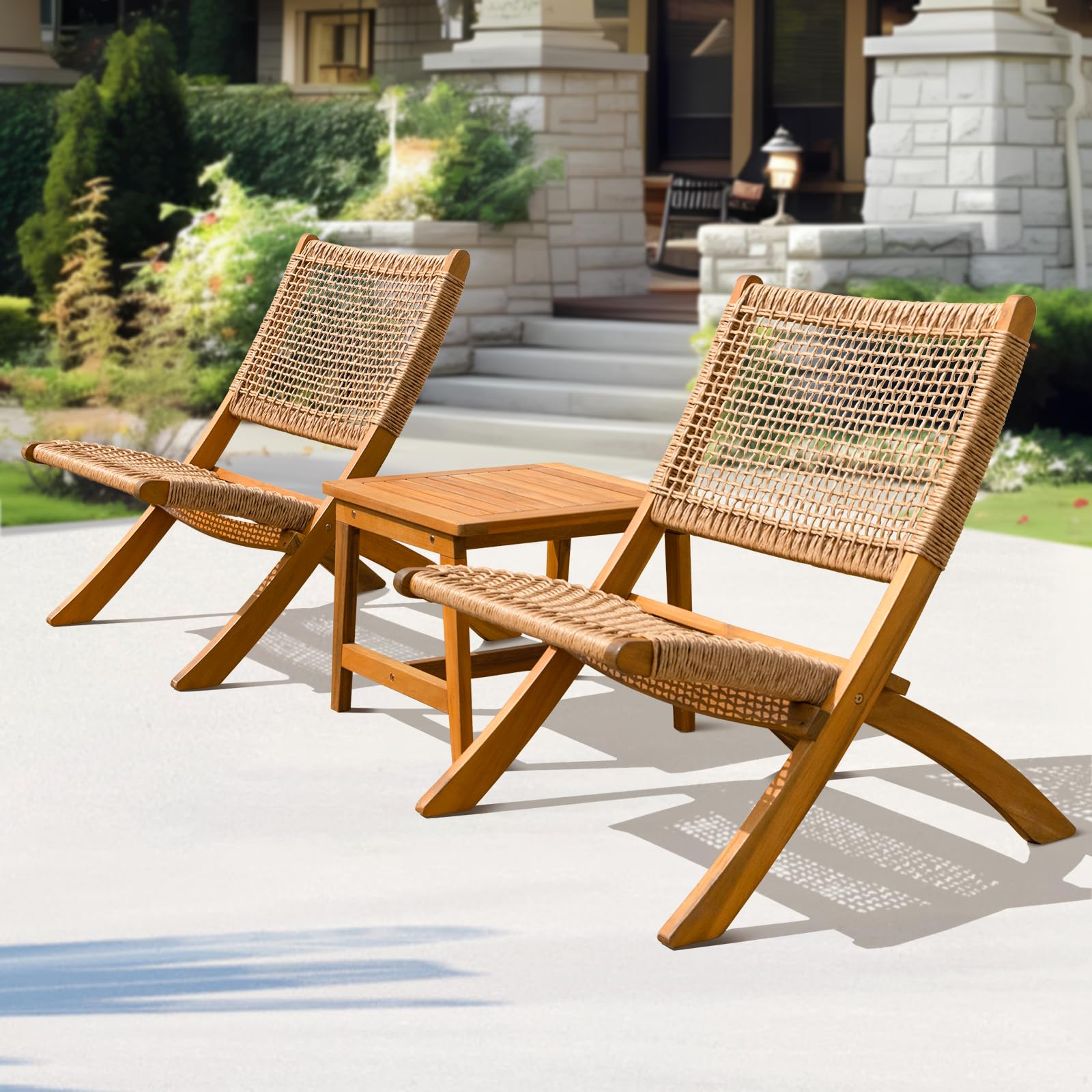 IDZO 400lbs Capacity Twisted Wicker Foldable Reclining Bistro Set of 3 - FSC Certified Acacia Wood Patio Furniture for Outdoor, Garden, Balcony & Indoor Use - Perfect for Backyard Relaxation, Poolside Lounging and Dining Al Fresco
