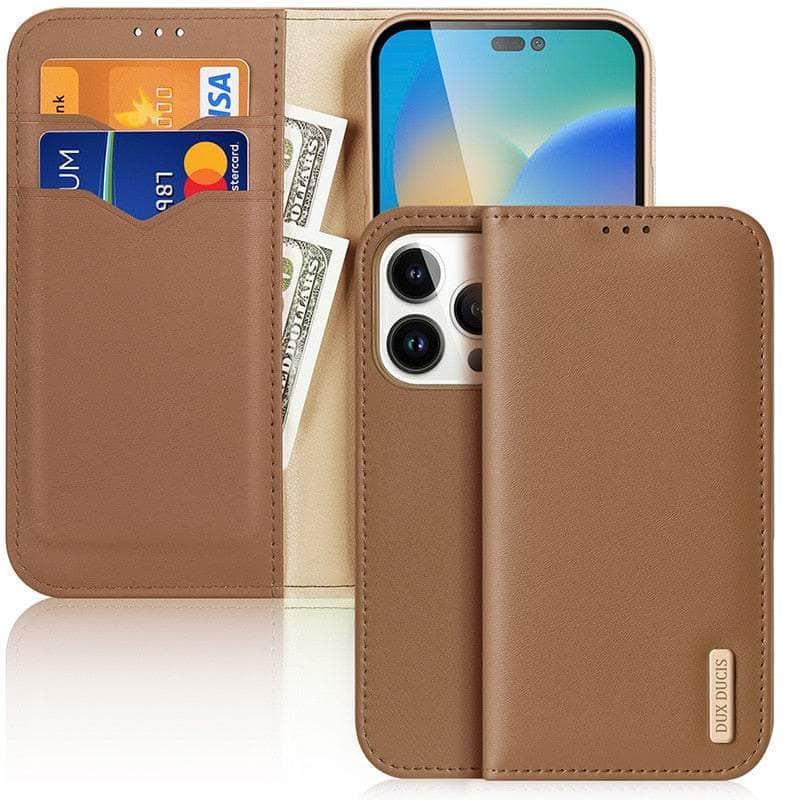 Dux Ducis Genuine Leather iPhone 14 Pro Max Wallet Case - Premium Real Leather Phone Cover with Card Slots & RFID Protection - Perfect for Business, Travel & Everyday Use