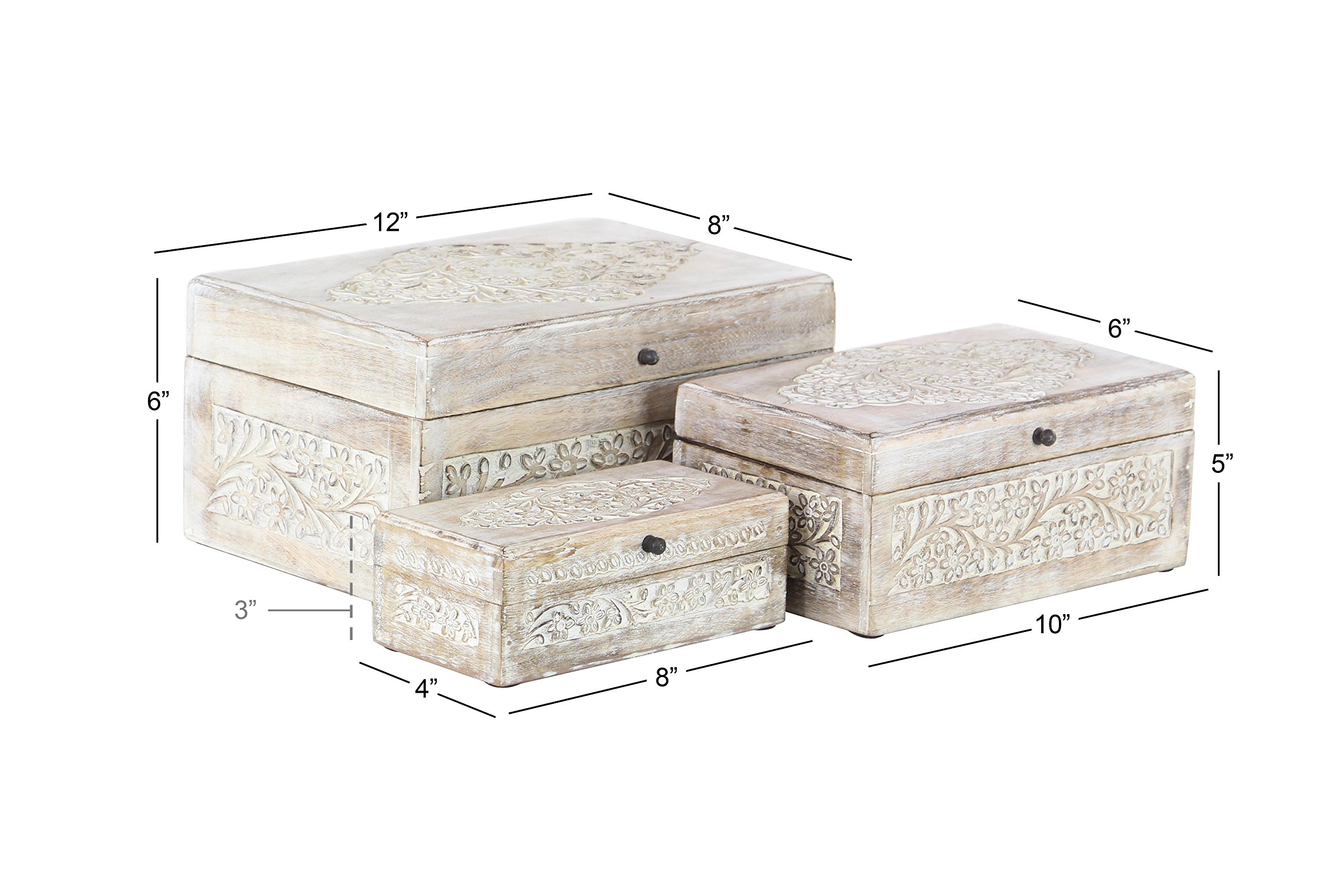 Mango Wood Floral Decorative Box Set of 3 - Storage for Home Decor