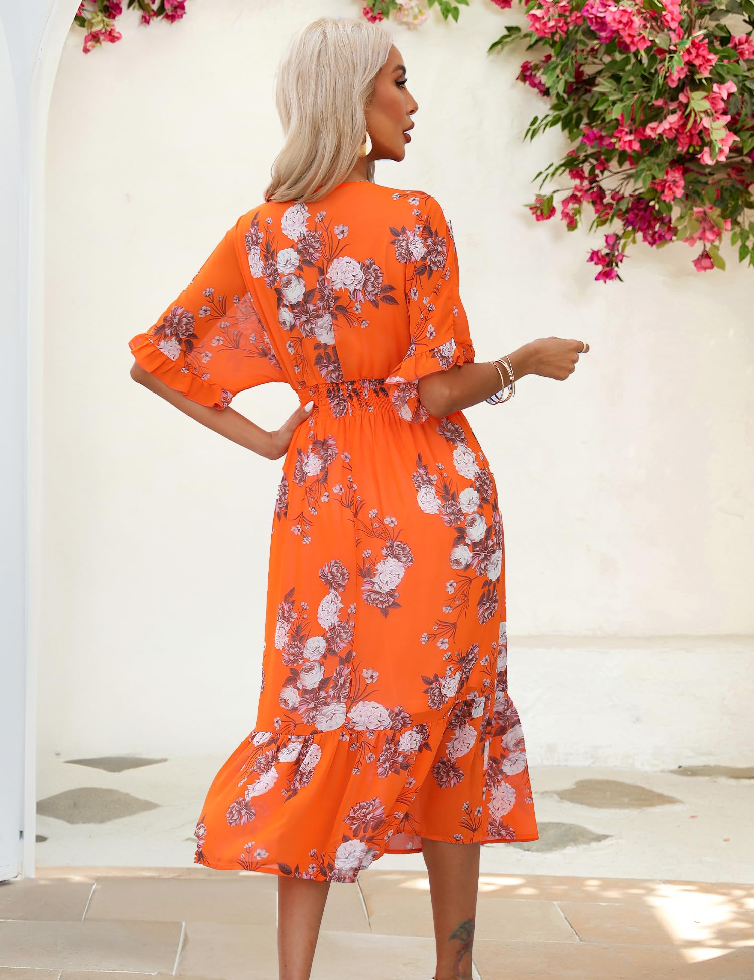 Floral Midi Dress for Women 2025 | A-Line Chiffon Boho Summer Dress with Short Sleeves | Perfect for Beach Vacations, Casual Outings & Summer Parties