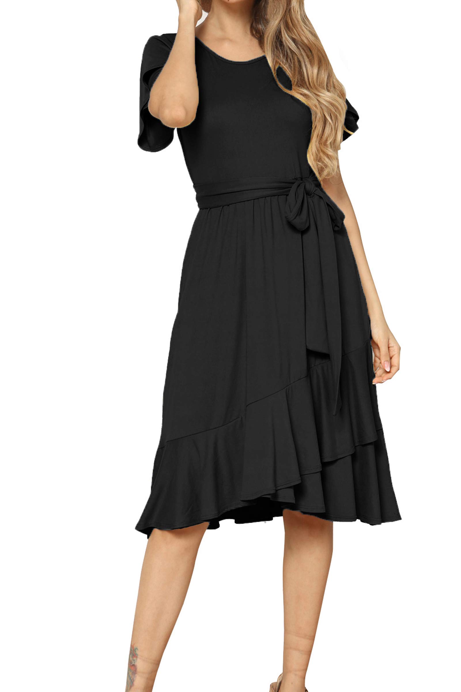 Levaca Women's Plain Casual Flowy Short Sleeve Midi Dress with Belt - Summer Beach Wear, Office Outfit & Party Dress for Women