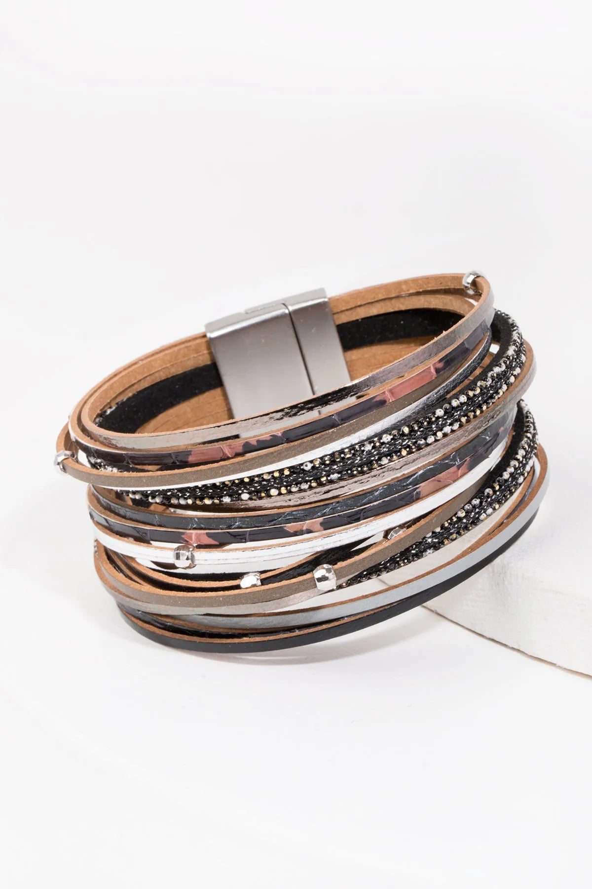 Elegant Stacked Crystal Leather Bracelet for Women - Shiny Rhinestone Adjustable Wristband for Party, Wedding & Evening Wear