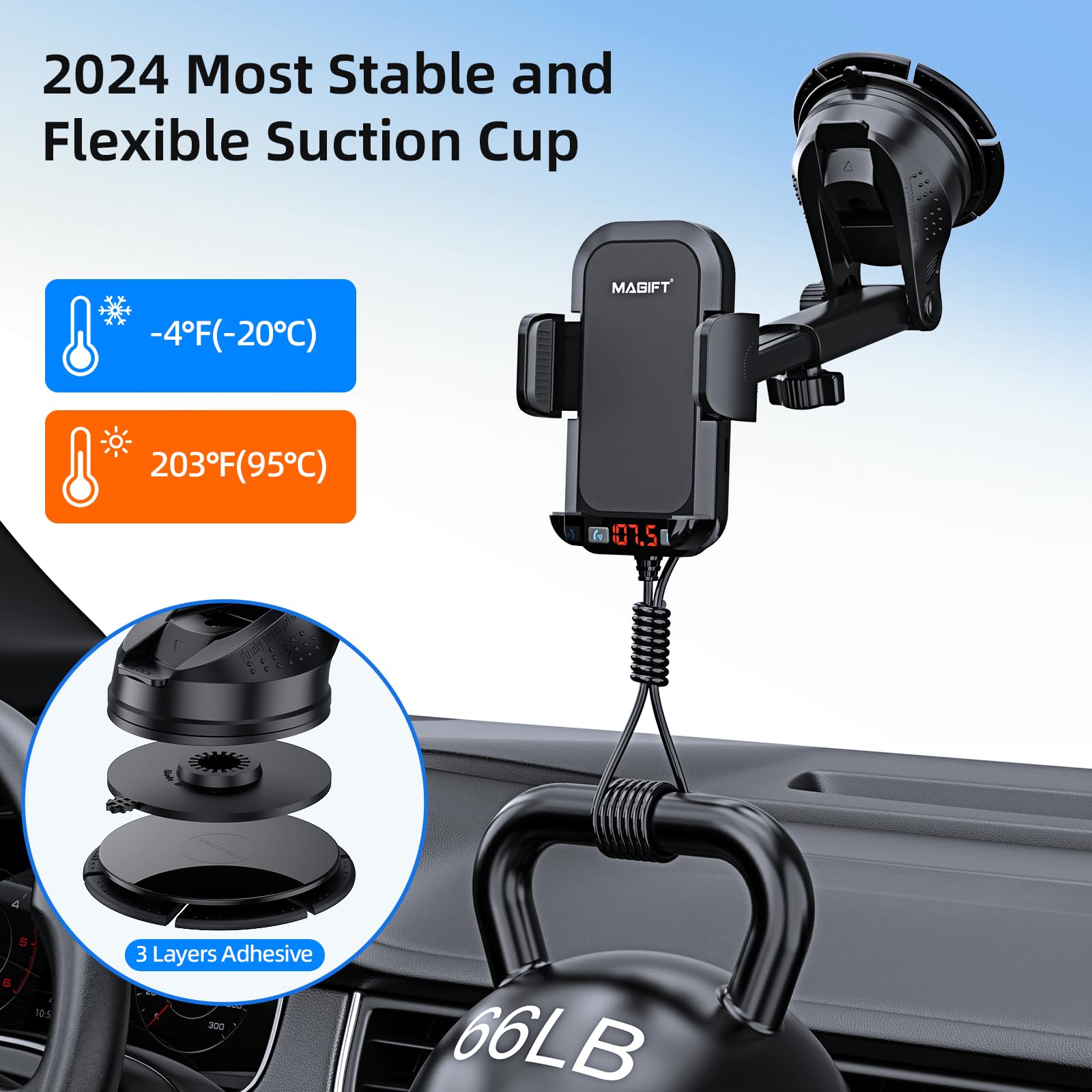 54W Bluetooth 5.3 FM Transmitter Car Adapter with Phone Holder - 3-in-1 Car Charger, HiFi Bass Sound & Hands-Free Calling, 36W PD & QC 18W Fast Charging, Supports TF/SD Card 64G AUX USB Flash Drive for iPhone Android - Perfect for Road Trips & Commuting