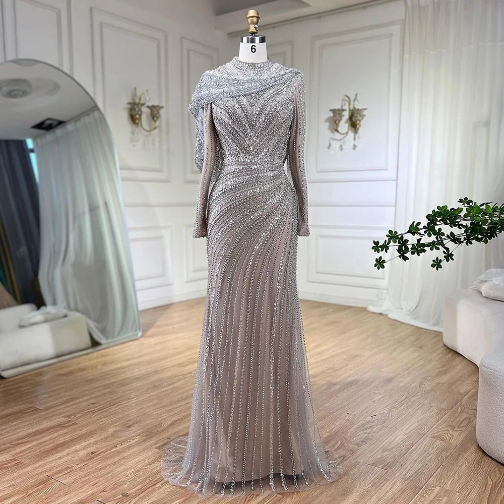 Elegant Silver Mermaid Evening Dress with High Slit & Beaded Details - Luxury Women's Party Gown for Prom, Wedding & Formal Events - Serene Hill Collection LA70752L