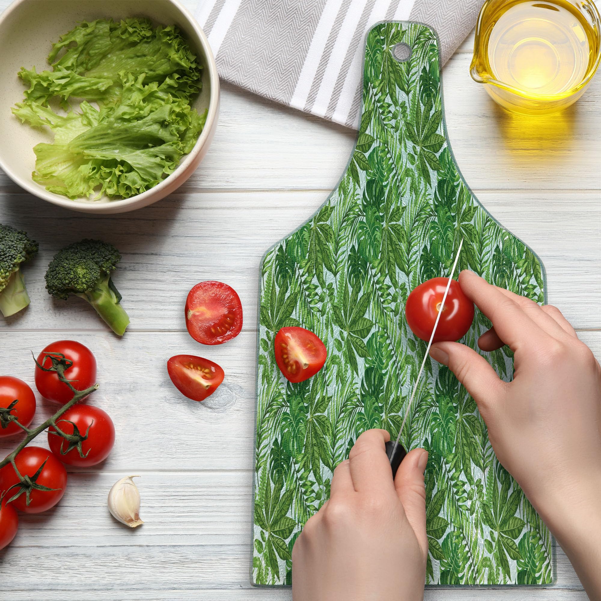 Ambesonne Palm Leaf Tempered Glass Cutting Board - Jungle Foliage Design, Madagascar Aloha Botanical Forest Plant Pattern - Decorative Serving Board for Kitchen, Dining & Entertaining - Wine Bottle Shape in Green, Olive Green & White - Perfect for Cheese Platters, Charcuterie Boards & Wine Pairings