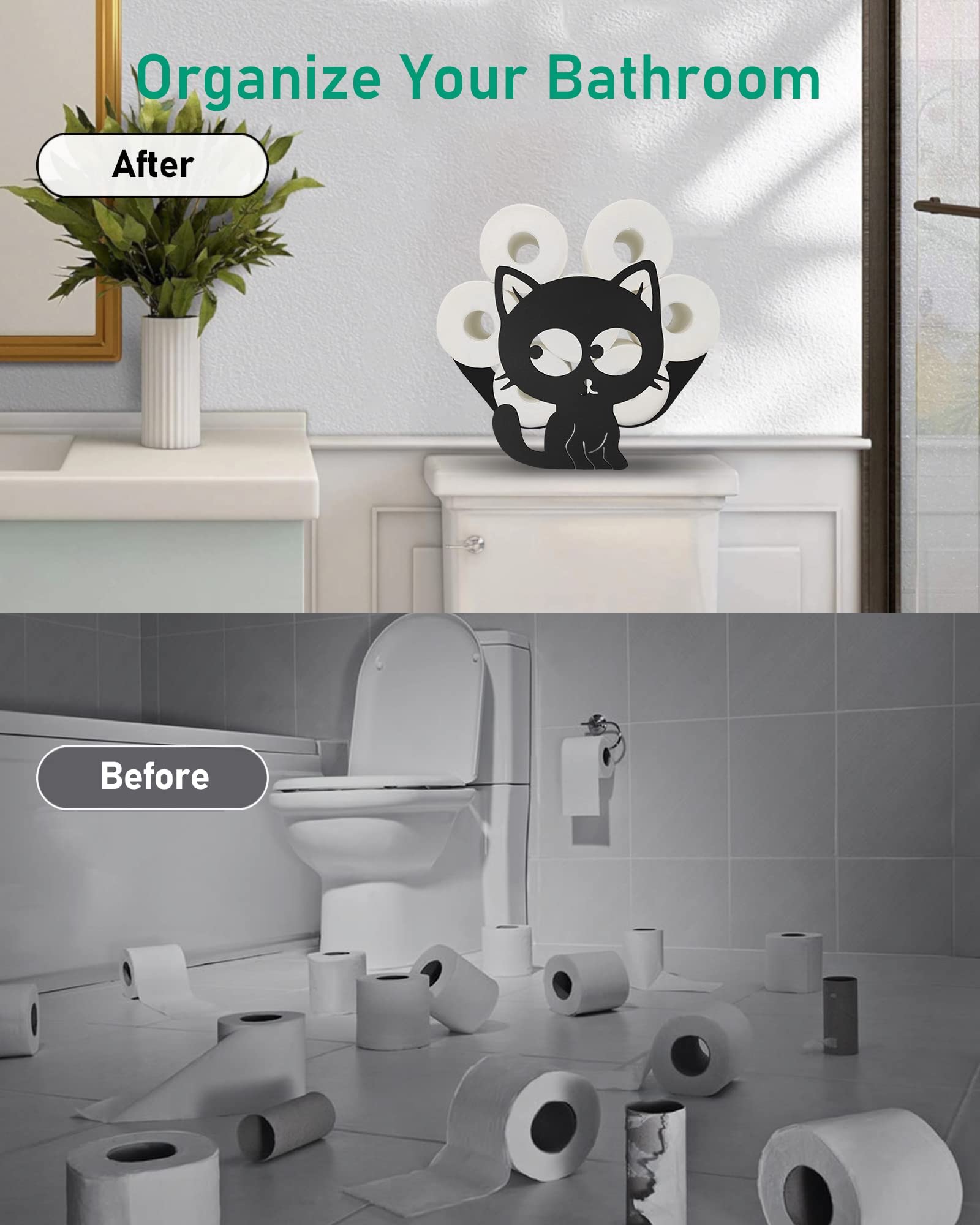 Black Cat Toilet Paper Holder Stand - Funny Animal Bathroom & Kitchen Tissue Storage - Free Standing Metal Toilet Paper Organizer Holds 8 Rolls - Perfect for Home, Office & RV Use