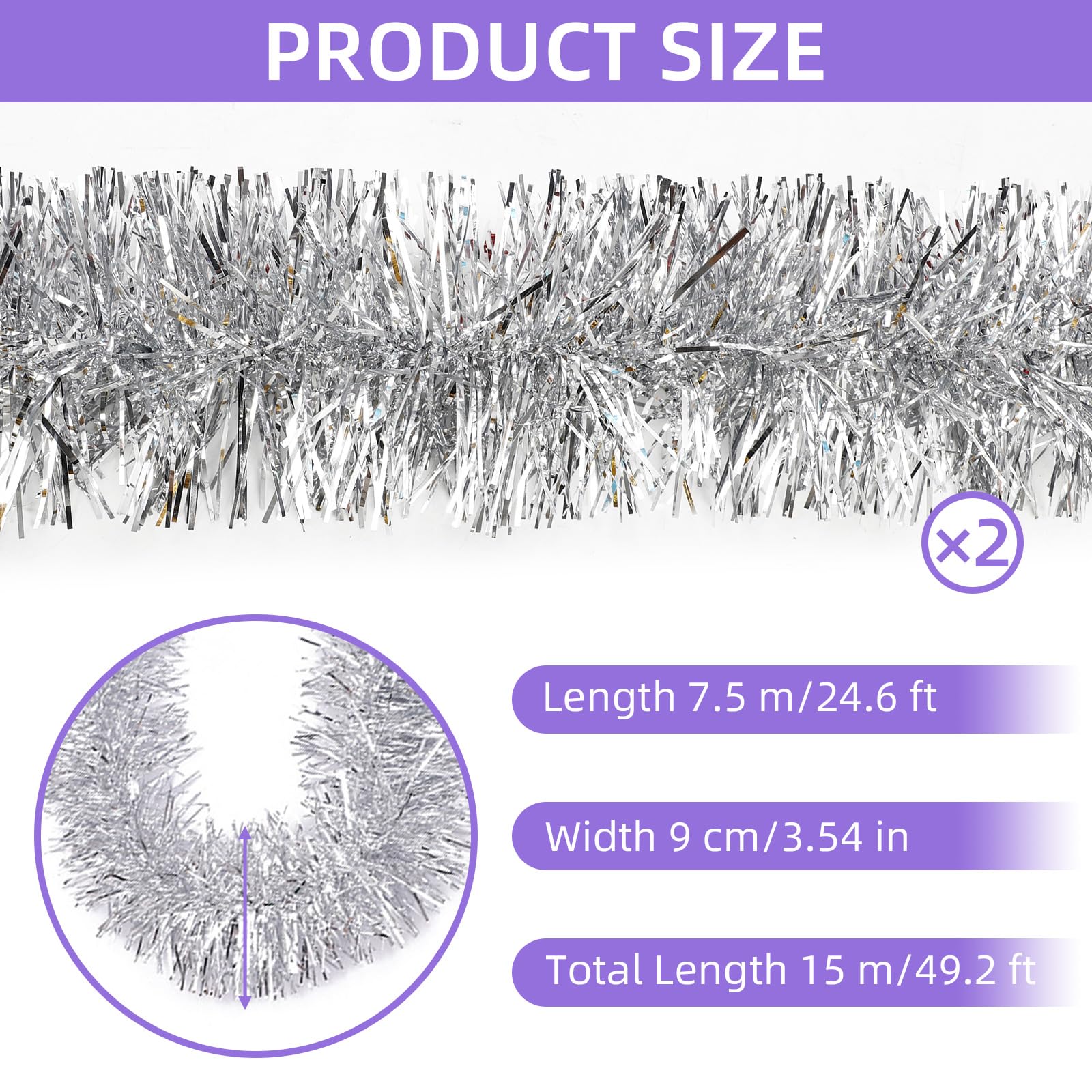 50 Feet Silver Tinsel Garland - Metallic Christmas Tree Decorations, Holiday Party Streamers & Wall Hanging Banner for Xmas, Birthday, Wedding, Home Decor (3.54