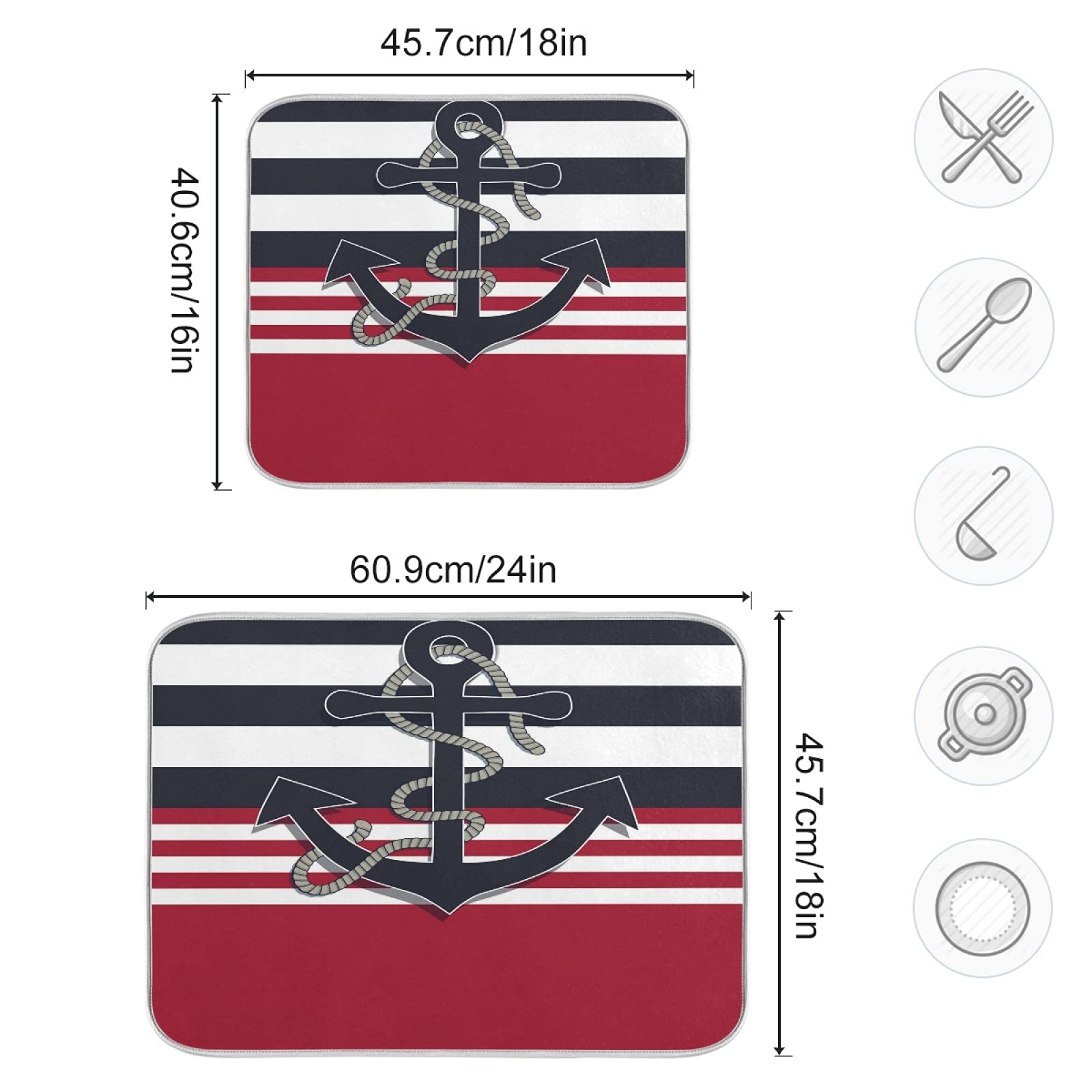 Absorbent Reversible Microfiber Dish Drying Mat - Kitchen Countertop Protector with Nautical Anchor & Rope Design (16x18 Inch) | Non-Slip, Quick-Dry Pad for Dishes, Utensils & Cookware | Perfect for Sink Areas, Countertops & Drying Racks